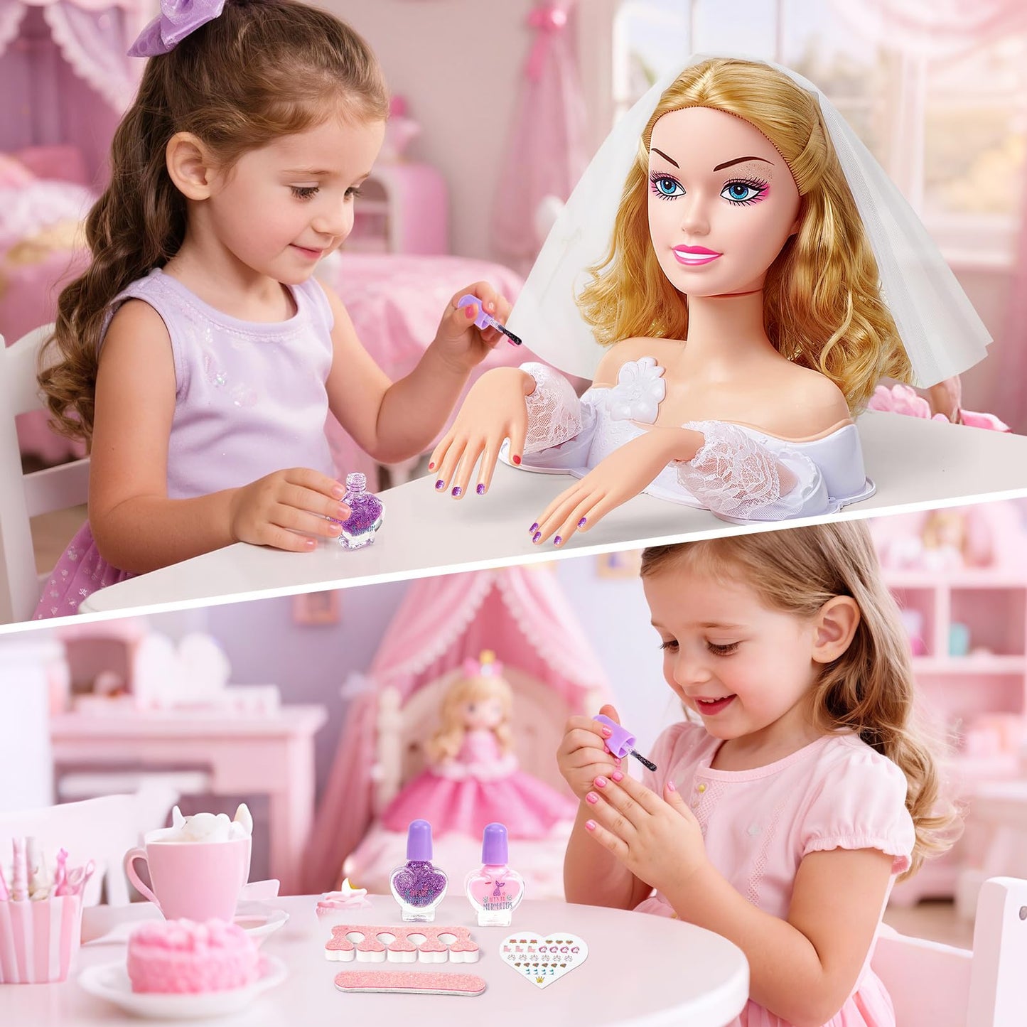 Toylink Doll Head Hair Styling Set for Kids – Bridal Veil, Hairdryer & Curling Iron