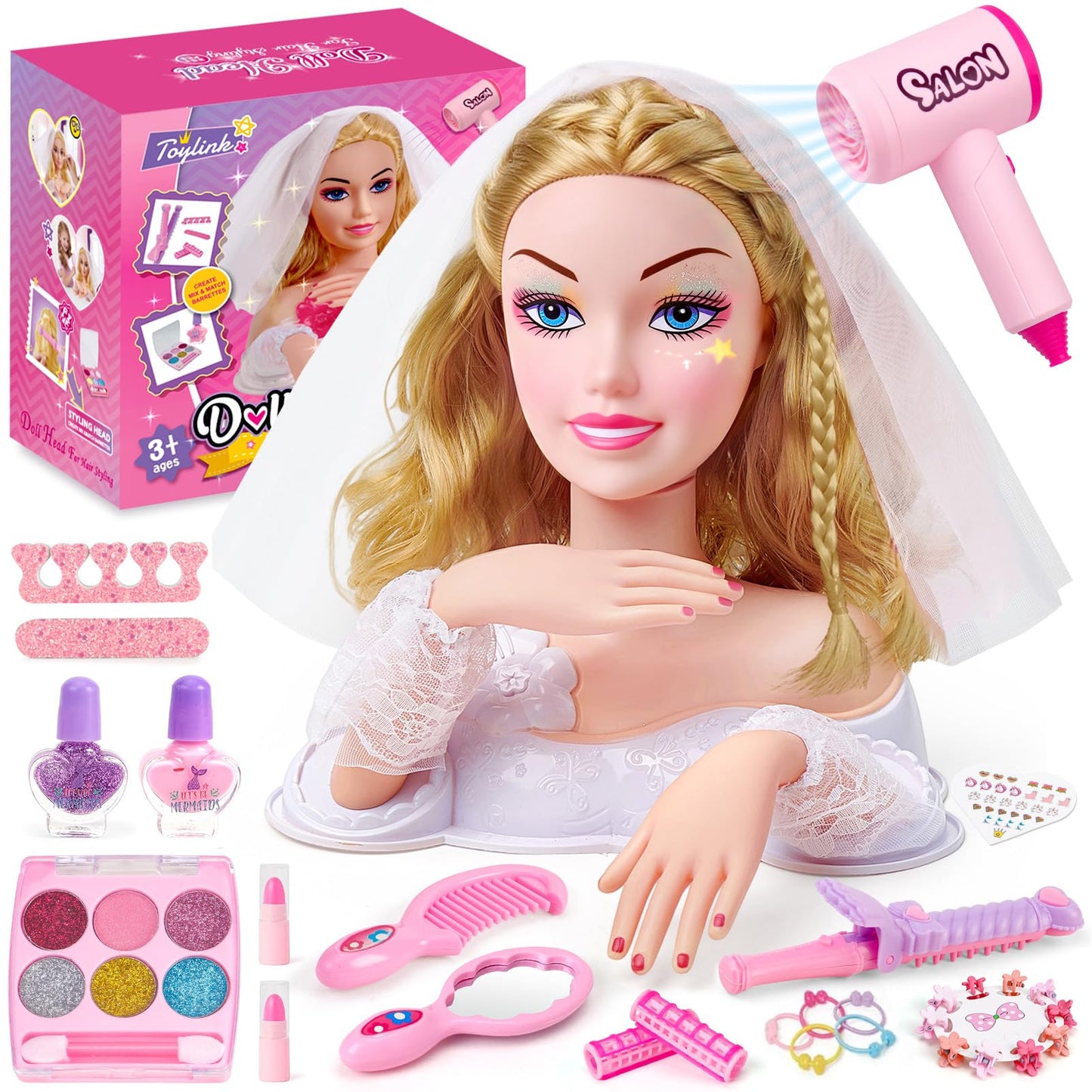 Toylink Doll Head Hair Styling Set for Kids – Bridal Veil, Hairdryer & Curling Iron