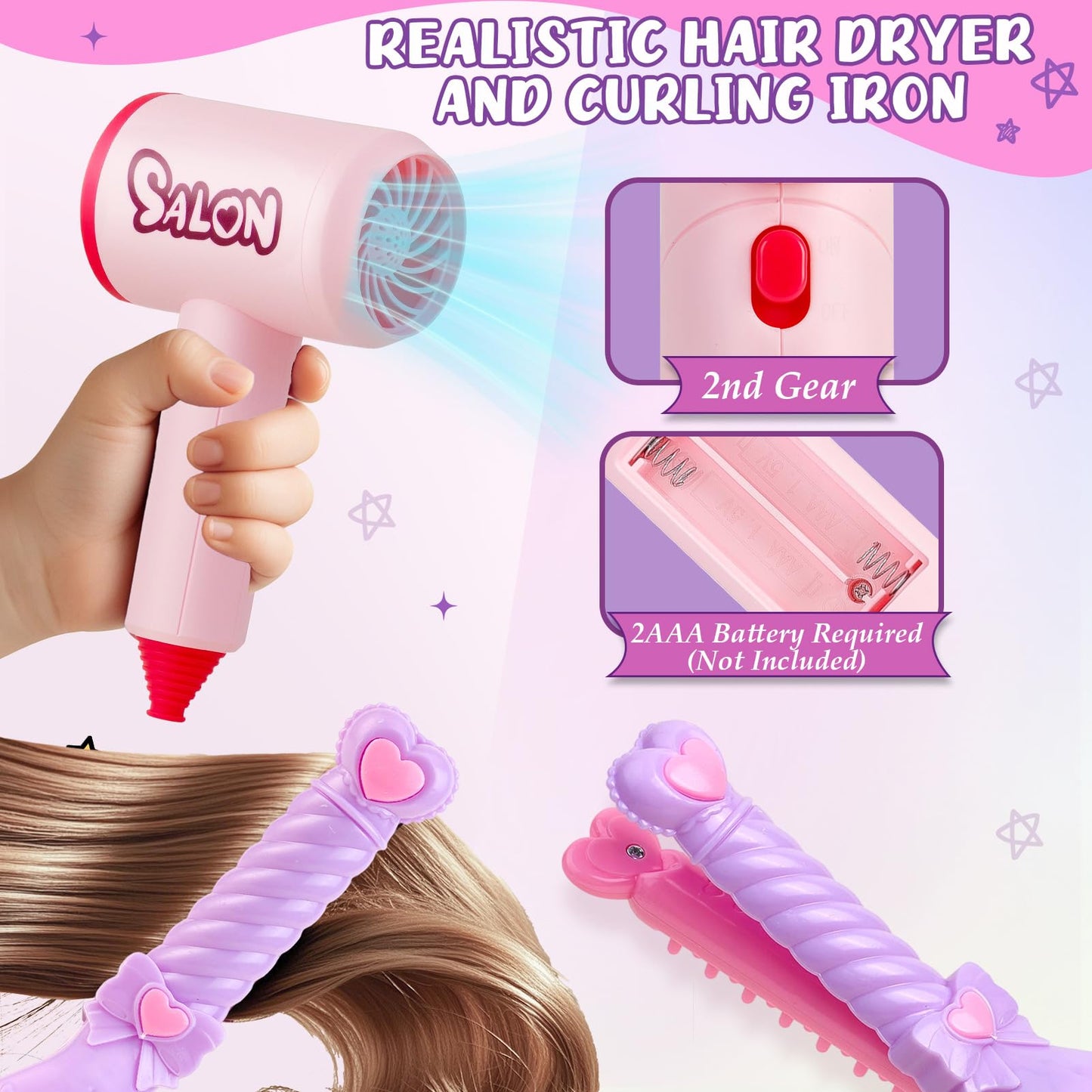 Toylink Doll Head Hair Styling Set for Kids – Bridal Veil, Hairdryer & Curling Iron