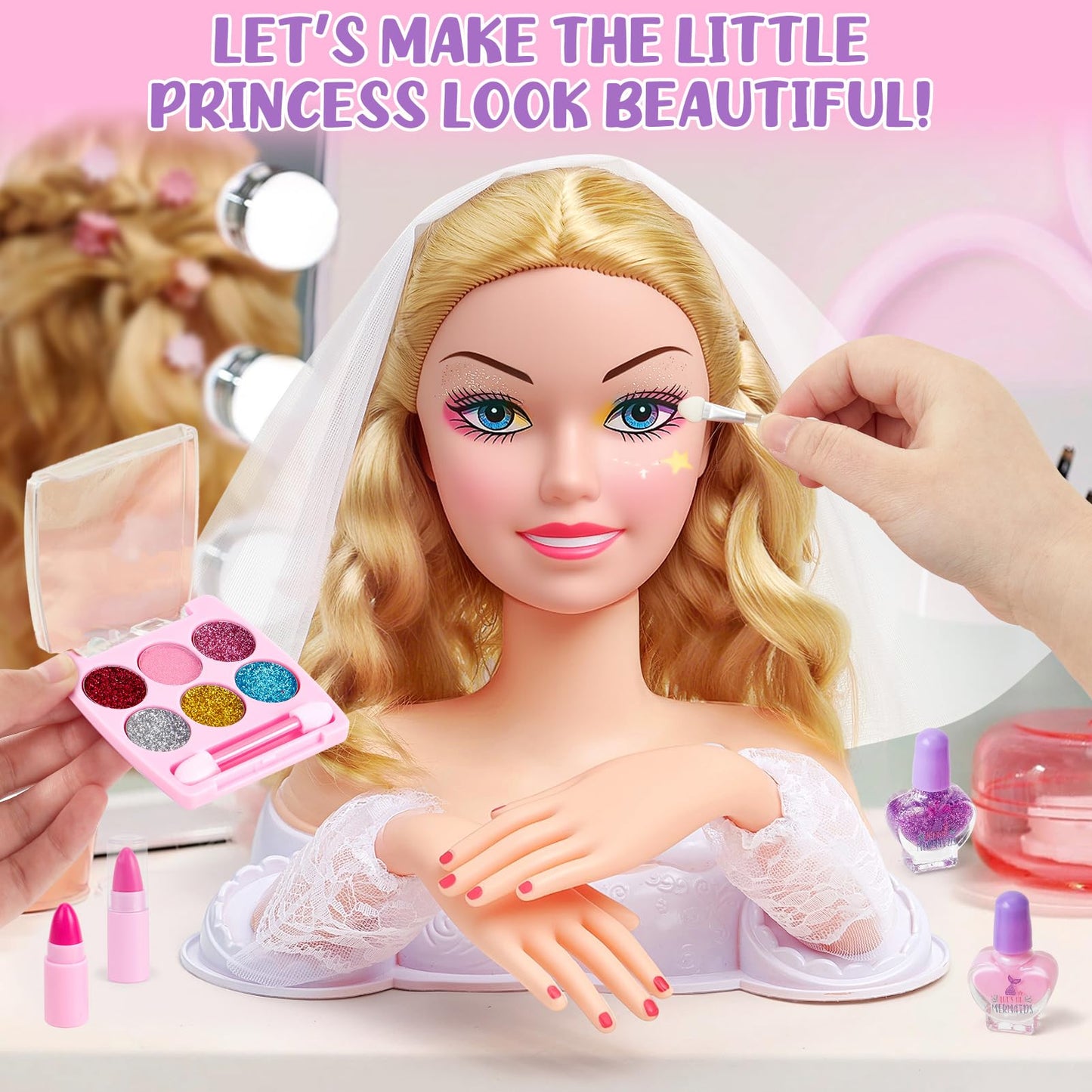 Toylink Doll Head Hair Styling Set for Kids – Bridal Veil, Hairdryer & Curling Iron