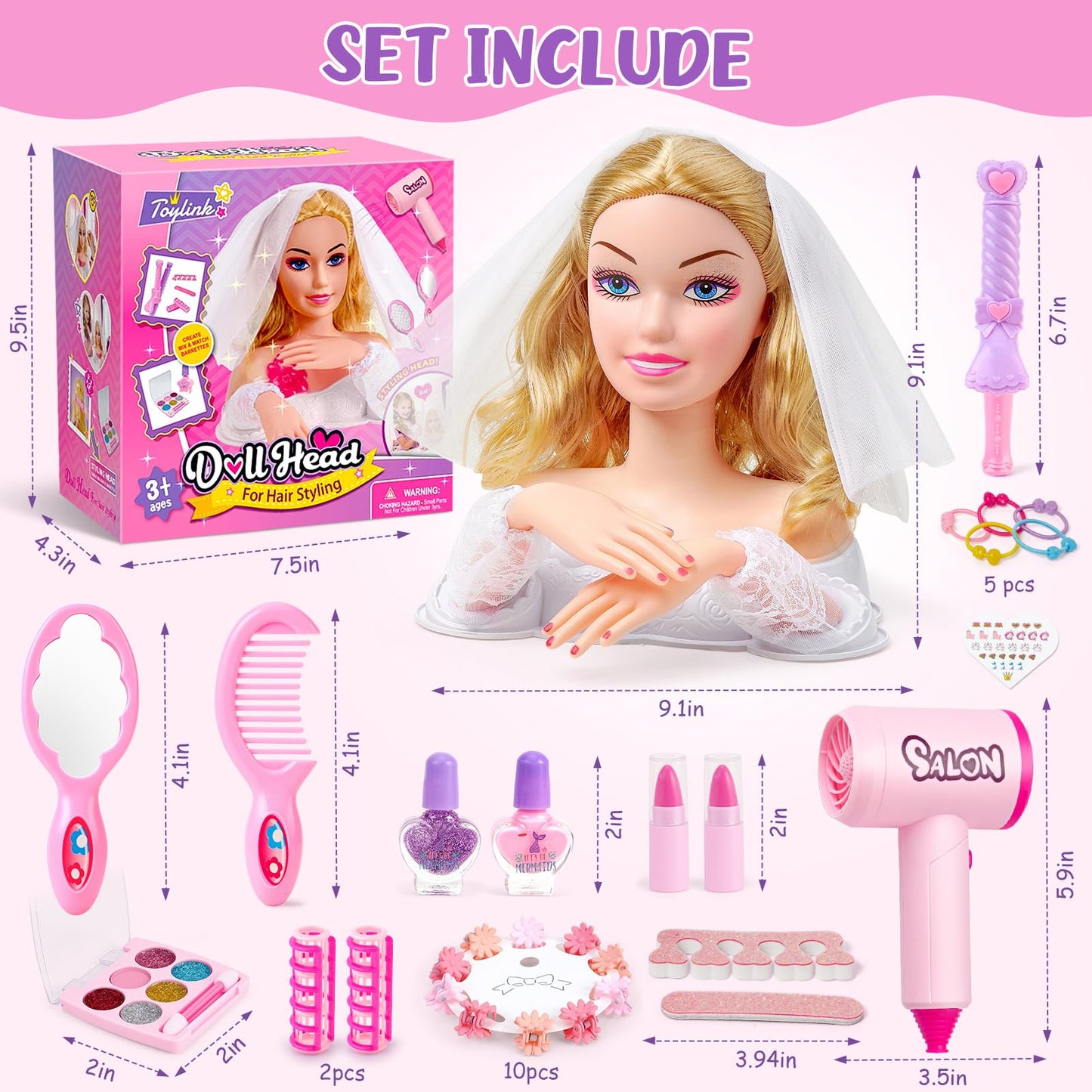 Toylink Doll Head Hair Styling Set for Kids – Bridal Veil, Hairdryer & Curling Iron
