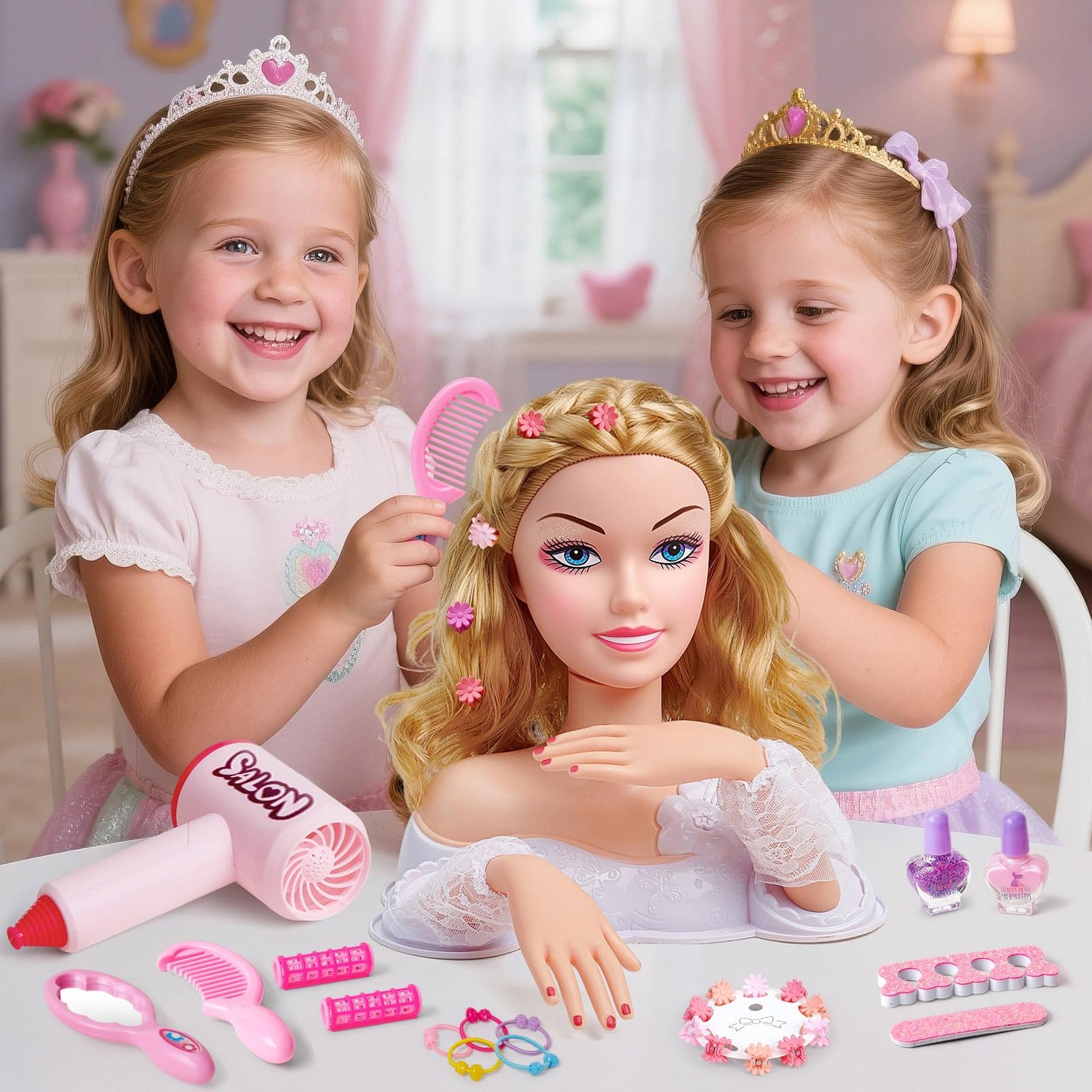 Toylink Doll Head Hair Styling Set for Kids – Bridal Veil, Hairdryer & Curling Iron