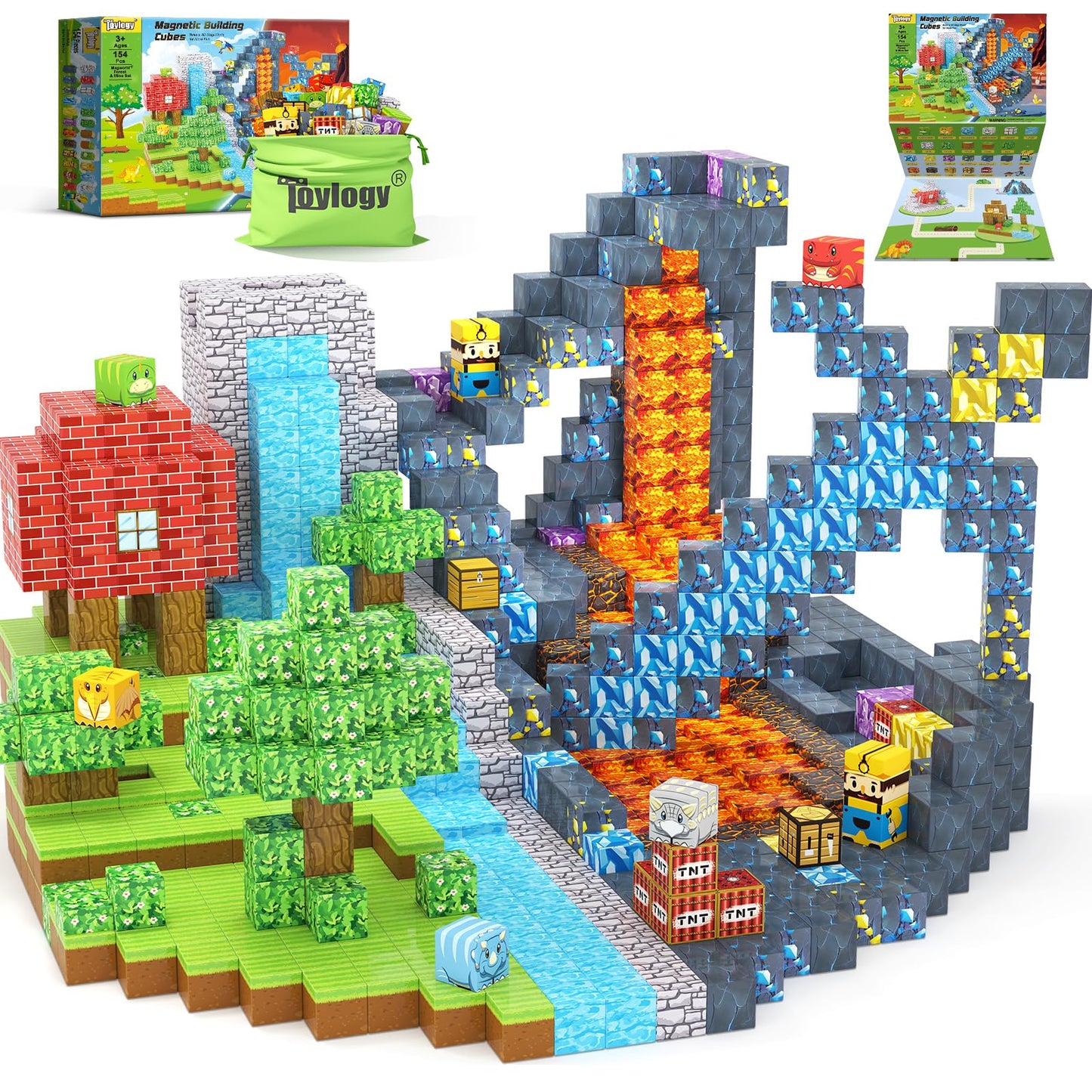 Toylogy 154PCS Dinosaur Magnetic Blocks – Dino World Mine Edition STEM Building Toys for Kids 3-8