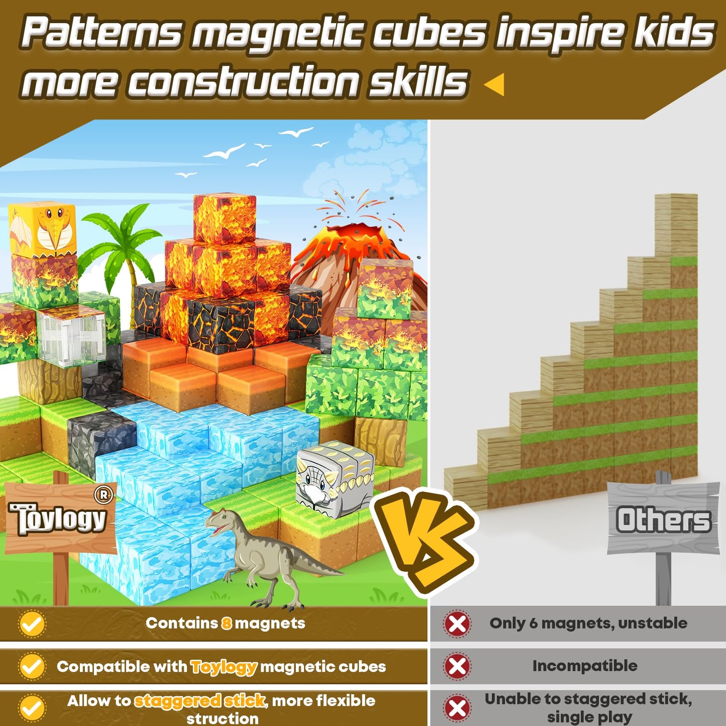 Toylogy Dinosaur Toys: Magnetic Blocks – Mine Magnet World Volcano Edition for 3+