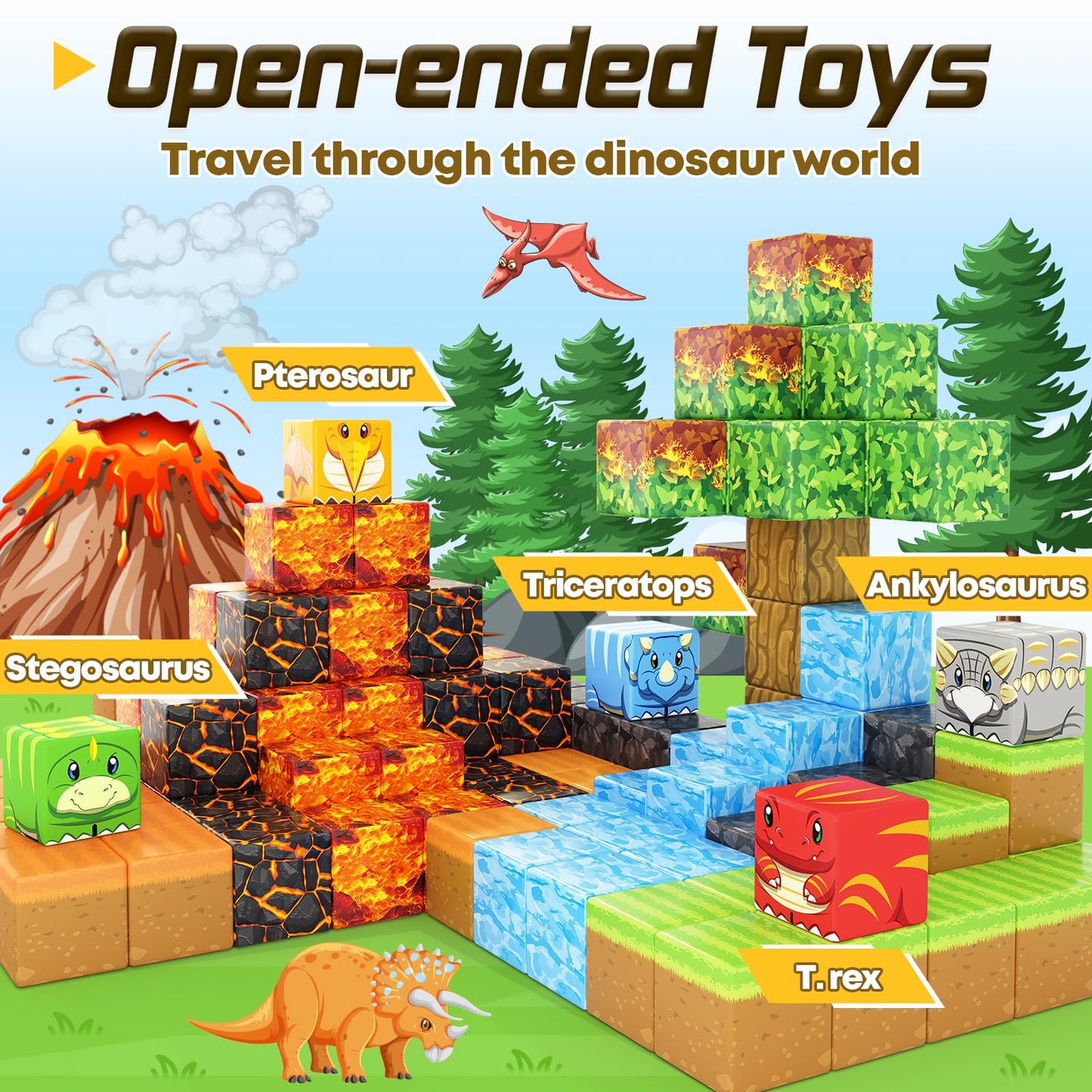 Toylogy Dinosaur Toys: Magnetic Blocks – Mine Magnet World Volcano Edition for 3+