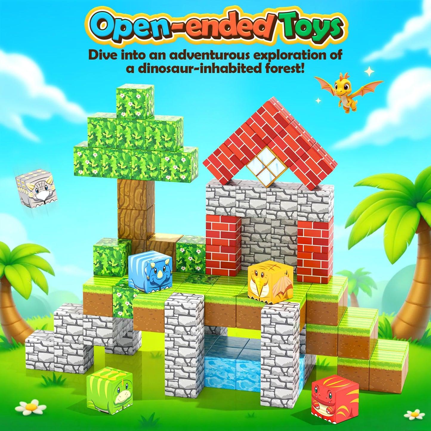 Toylogy 100PCS Magnetic Blocks - Dinosaur Mine Forest STEM Construction Toy