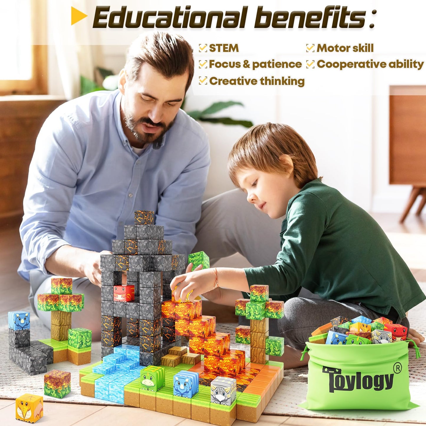Toylogy Dinosaur Toys: Magnetic Blocks – Mine Magnet World Volcano Edition for 3+