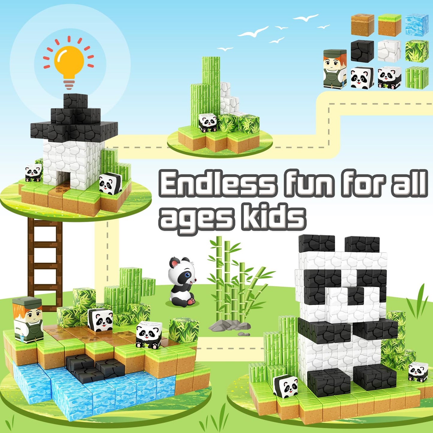 Toylogy Panda Mine World Magnetic Blocks – STEM Building Tiles for Ages 3-8