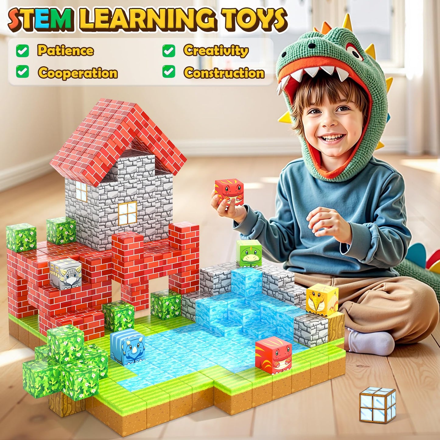 Toylogy 100PCS Magnetic Blocks - Dinosaur Mine Forest STEM Construction Toy