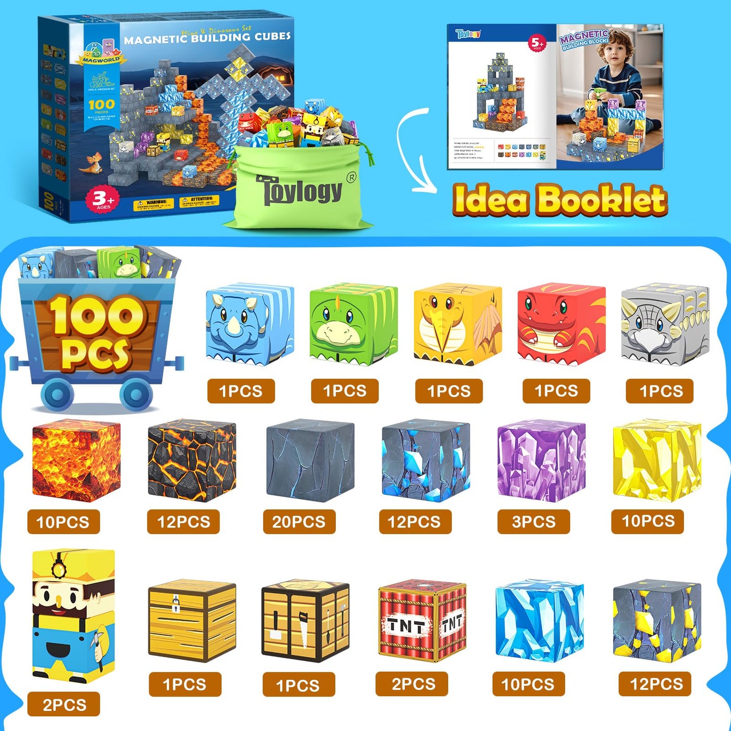 Toylogy 100PCS Magnetic Blocks – Jurassic Dino Sword Set for STEM Play Ages 3-8