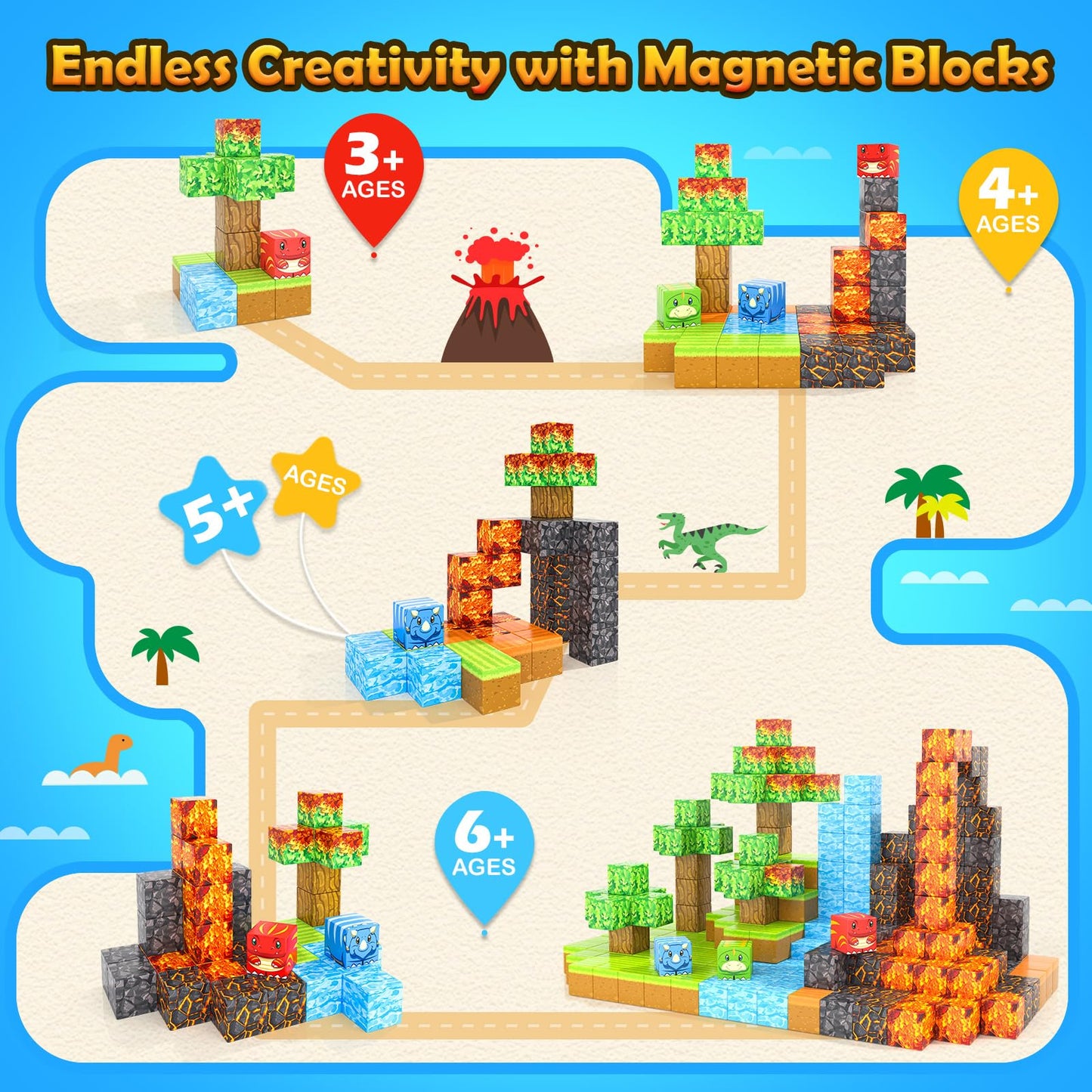 Toylogy Magnetic Blocks - Build Mine Magnet World Dino Edition | STEM Dinosaur Toy for Kids 3-8