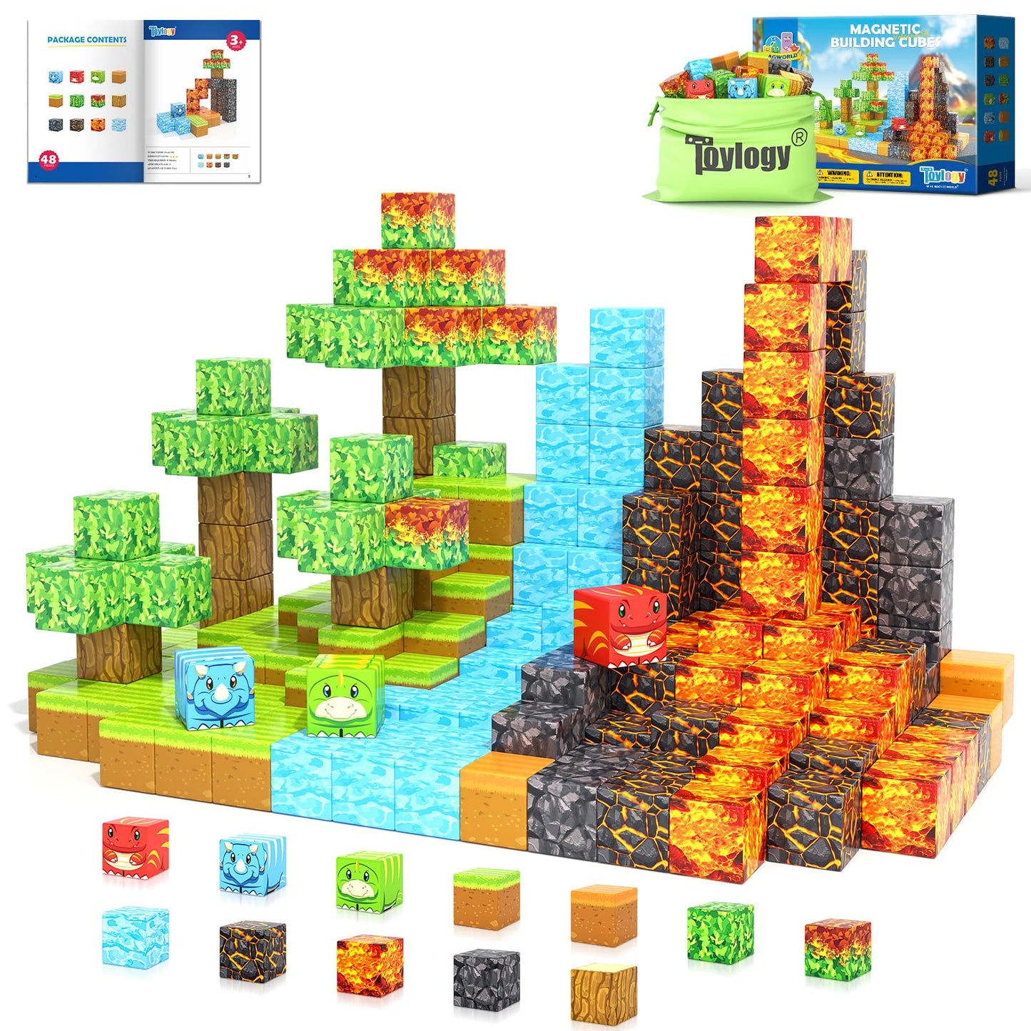 Toylogy Magnetic Blocks - Build Mine Magnet World Dino Edition | STEM Dinosaur Toy for Kids 3-8