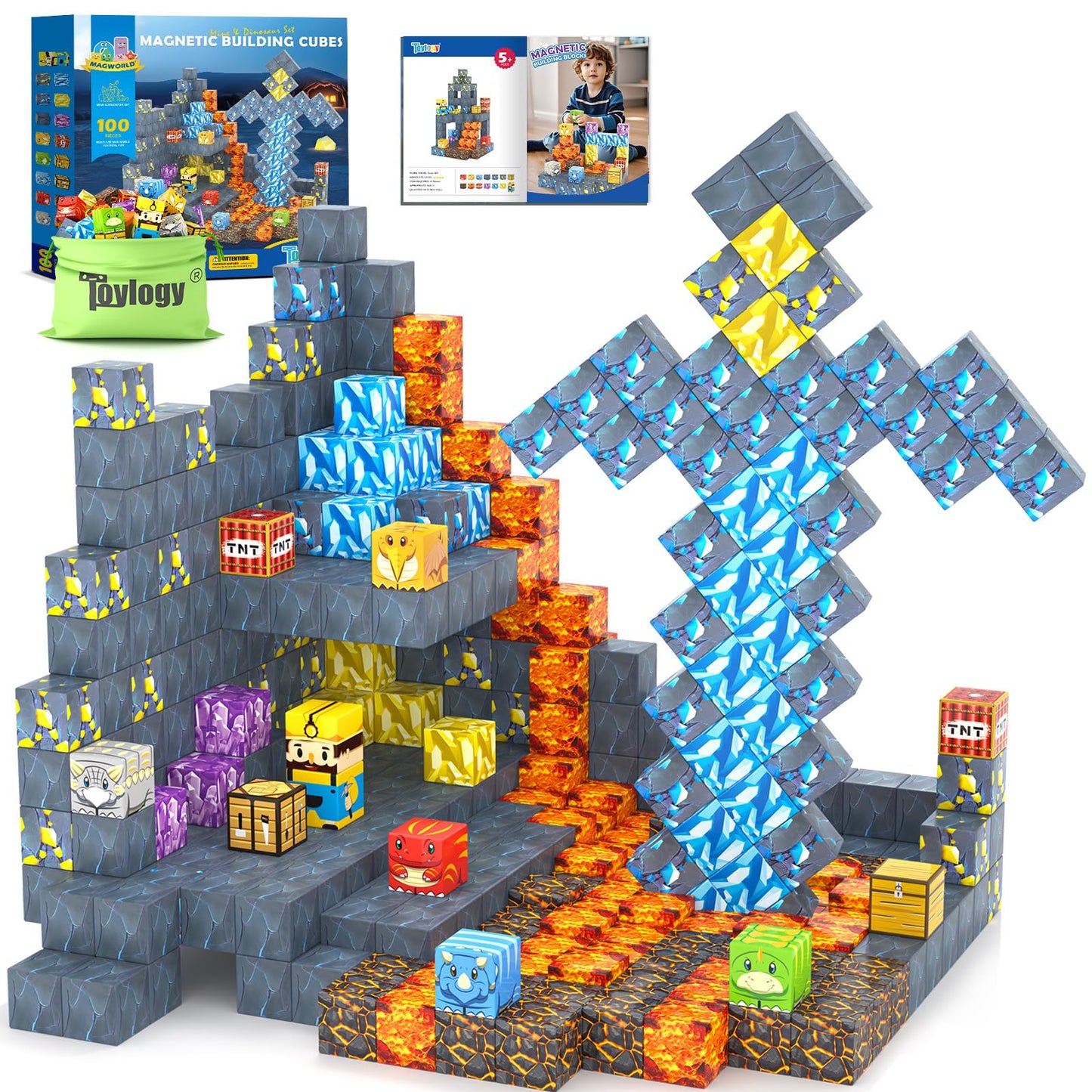Toylogy 100PCS Magnetic Blocks – Jurassic Dino Sword Set for STEM Play Ages 3-8