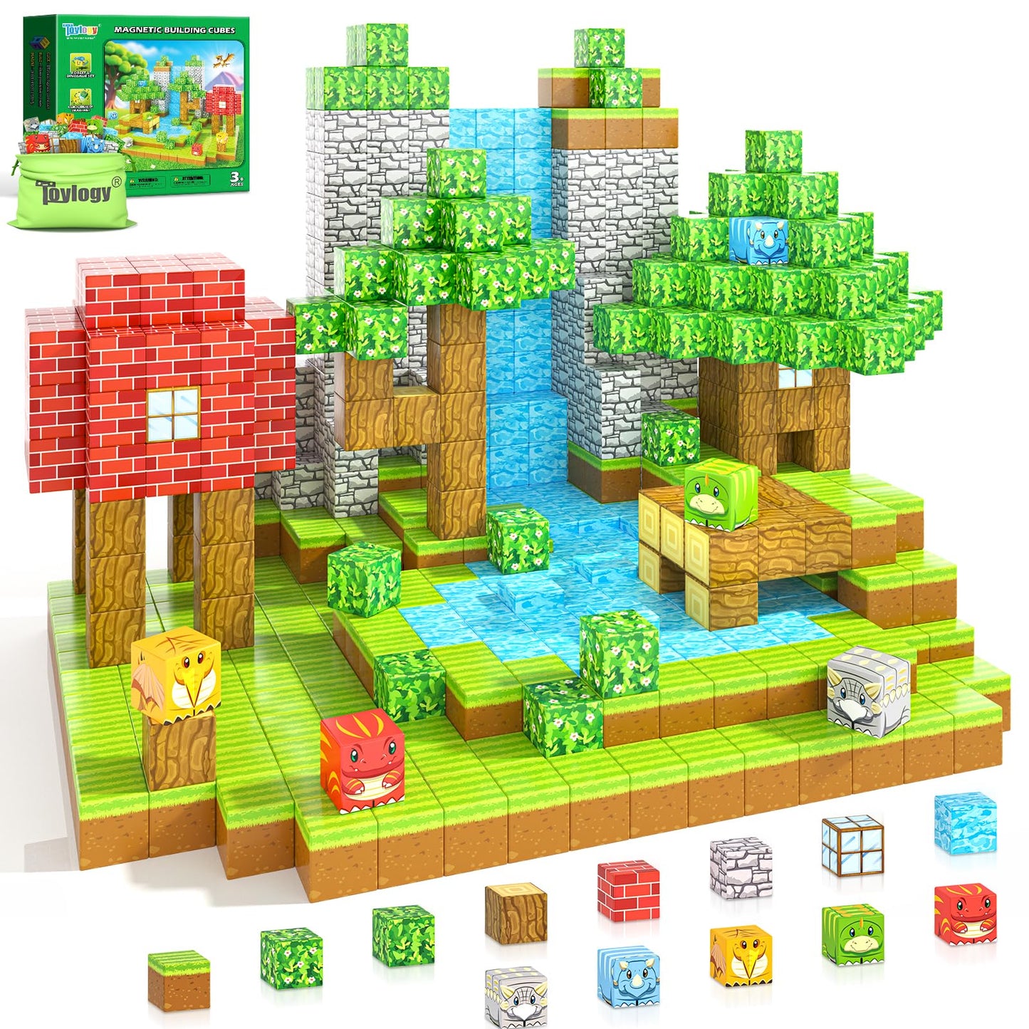 Toylogy 100PCS Magnetic Blocks - Dinosaur Mine Forest STEM Construction Toy