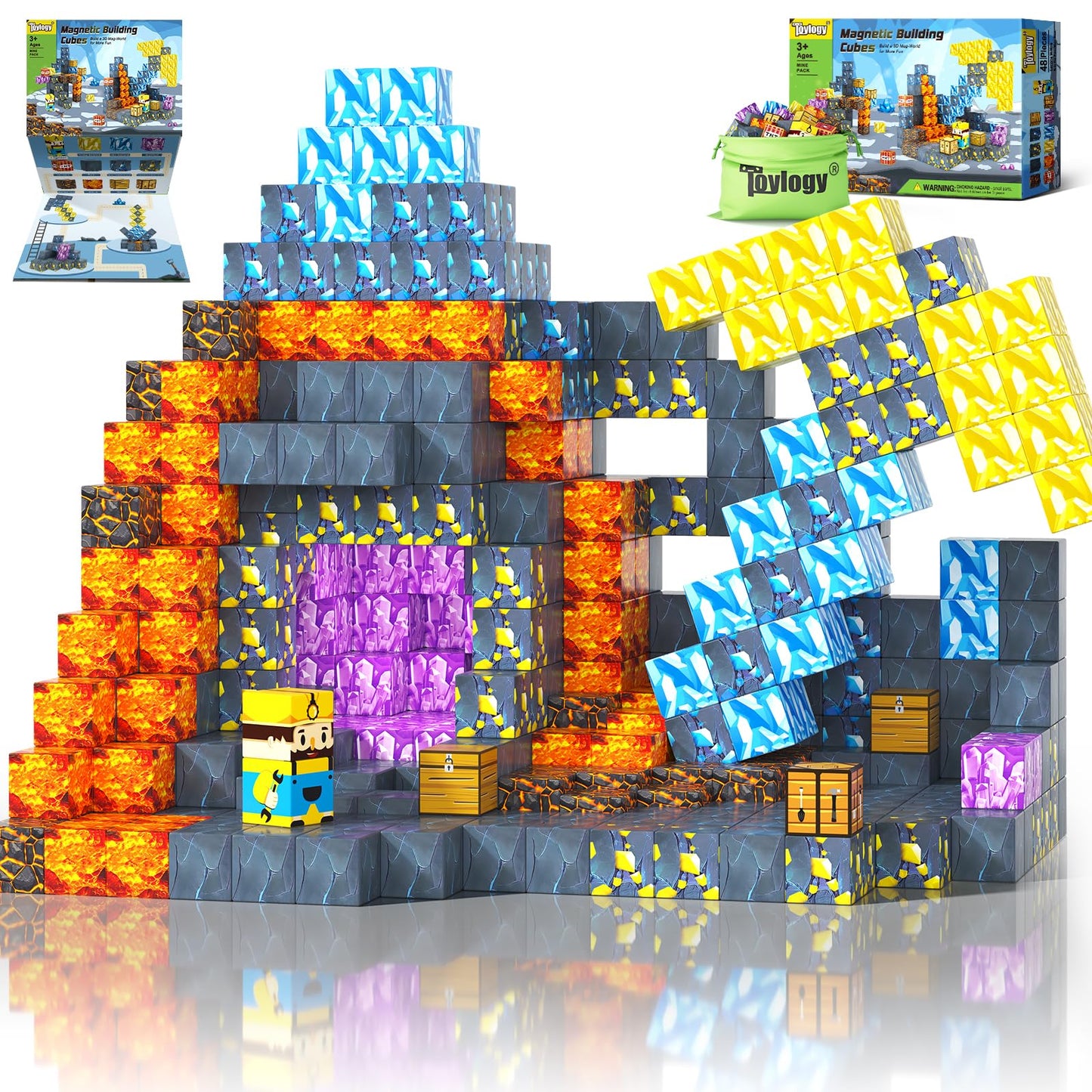 Toylogy Magnetic Blocks Mine World Pickaxe Edition – Open-Ended Magnetic Tiles for Kids 3-8
