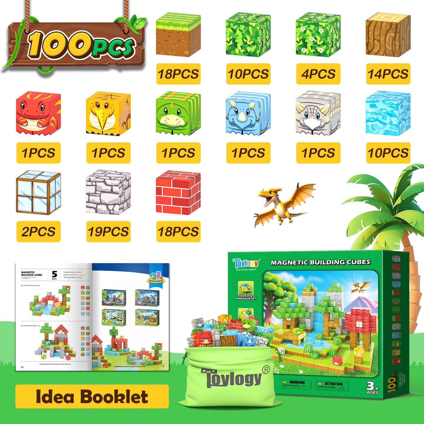 Toylogy 100PCS Magnetic Blocks - Dinosaur Mine Forest STEM Construction Toy