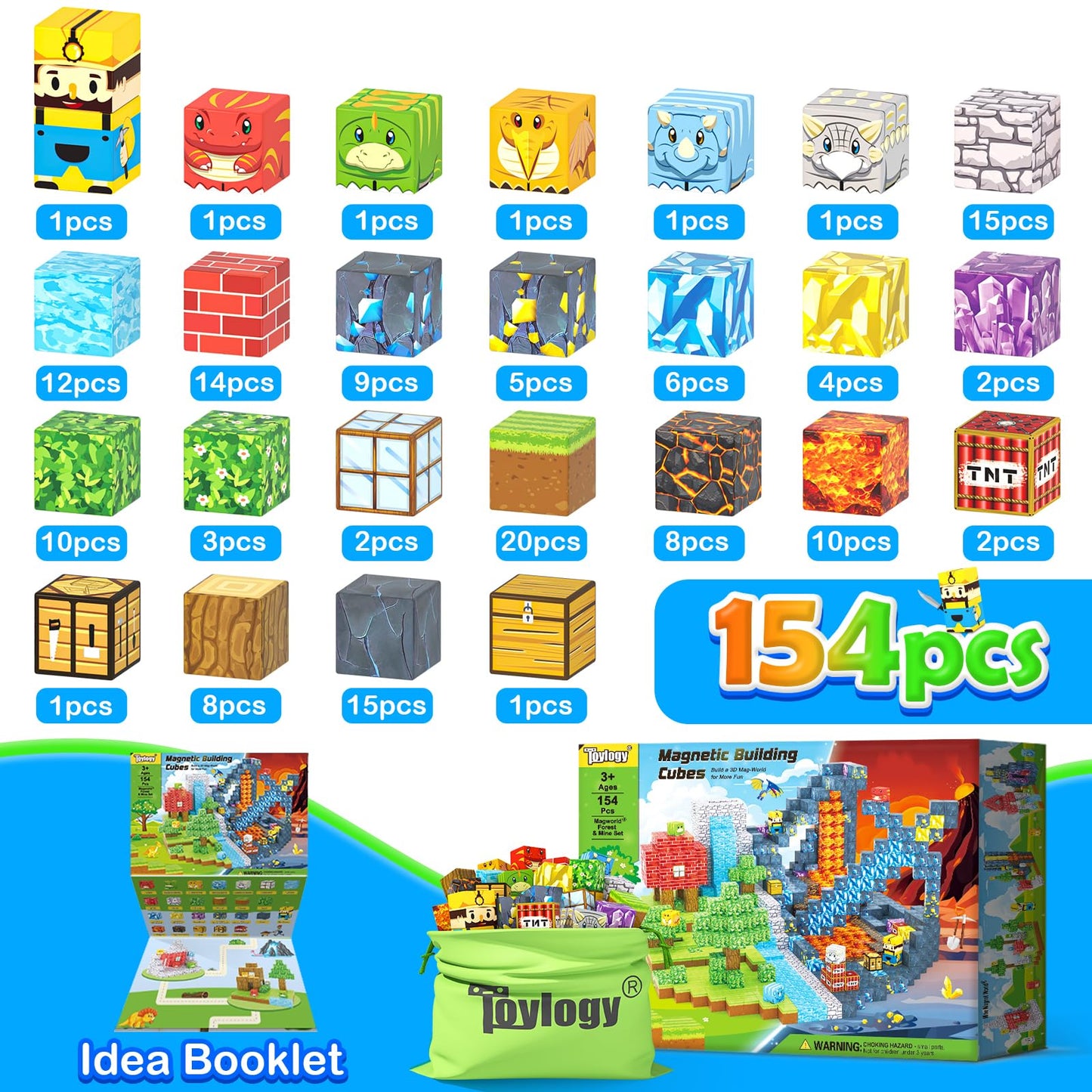 Toylogy 154PCS Dinosaur Magnetic Blocks – Dino World Mine Edition STEM Building Toys for Kids 3-8