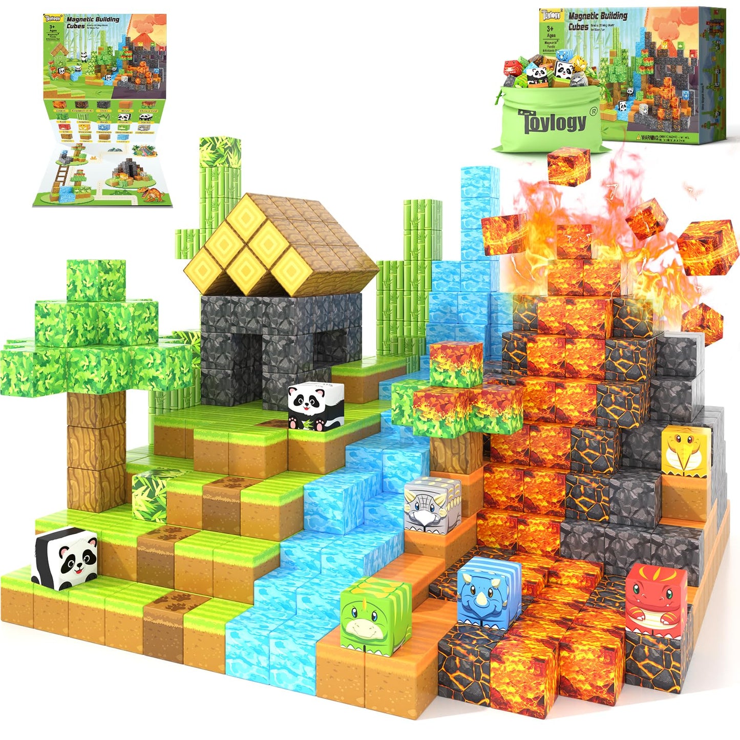 Toylogy Magnetic Blocks Mine World: Dino & Panda 84-Piece STEM Building Set
