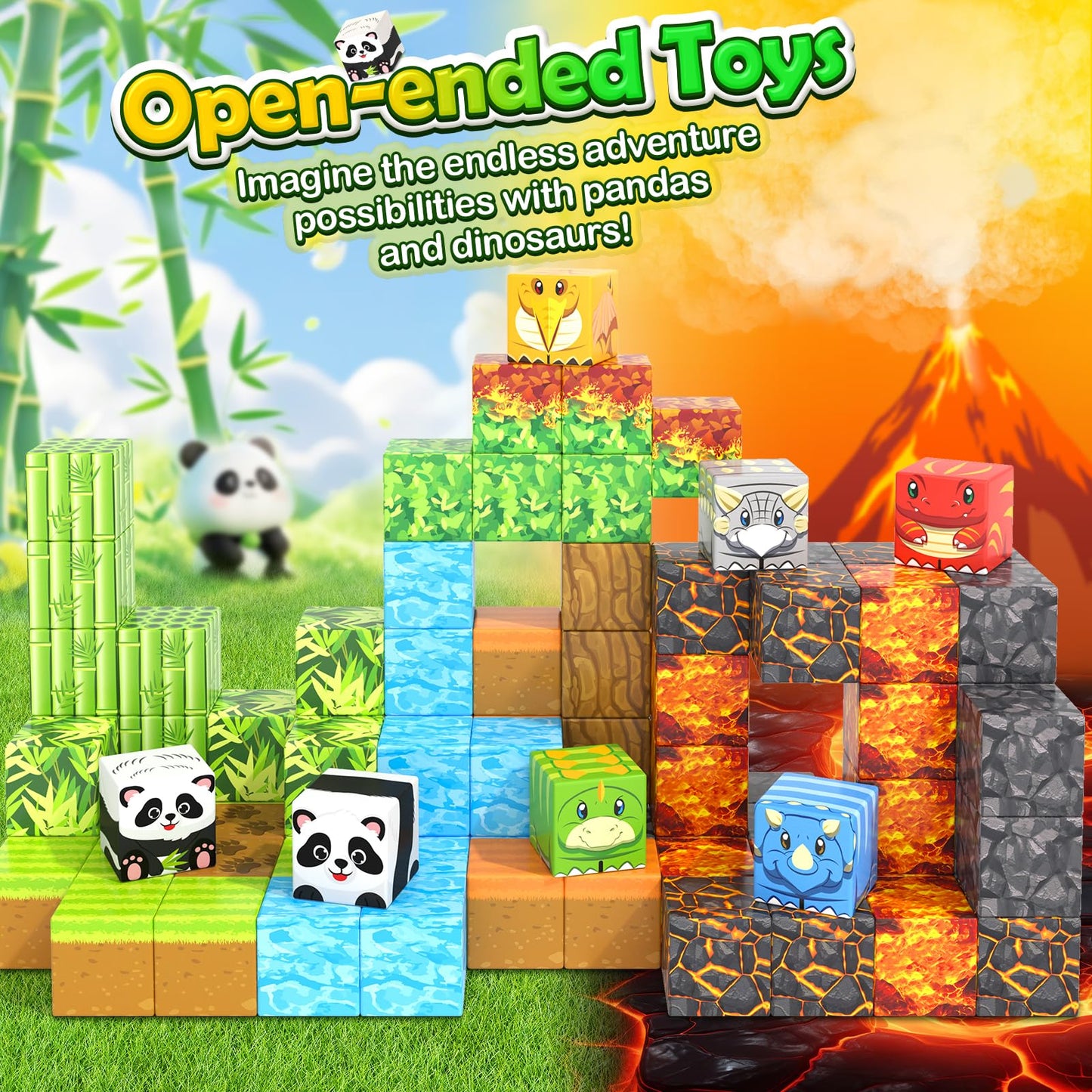 Toylogy Magnetic Blocks Mine World: Dino & Panda 84-Piece STEM Building Set