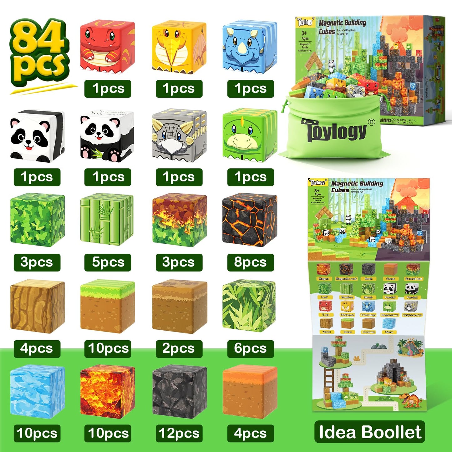 Toylogy Magnetic Blocks Mine World: Dino & Panda 84-Piece STEM Building Set