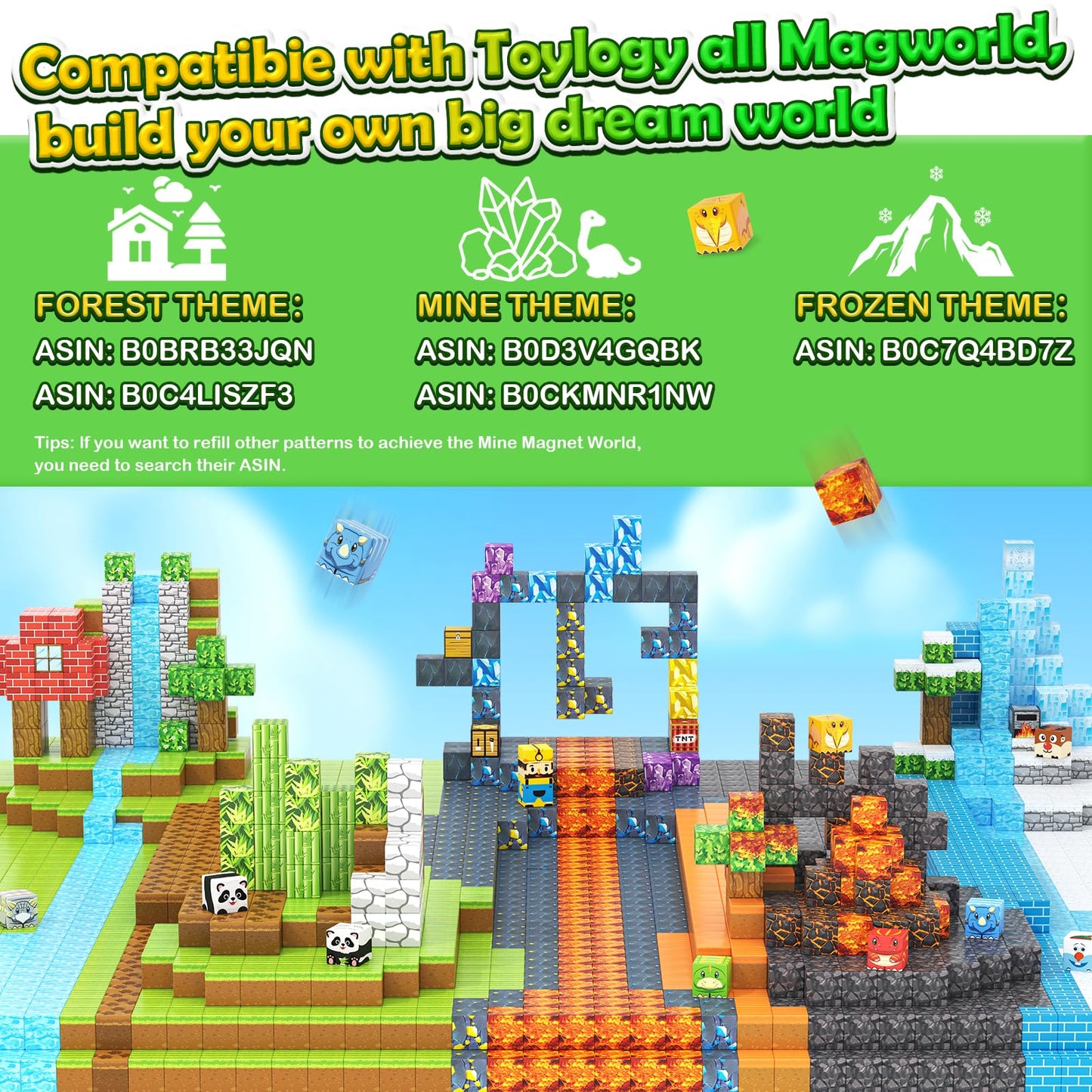 Toylogy Magnetic Blocks Mine World: Dino & Panda 84-Piece STEM Building Set