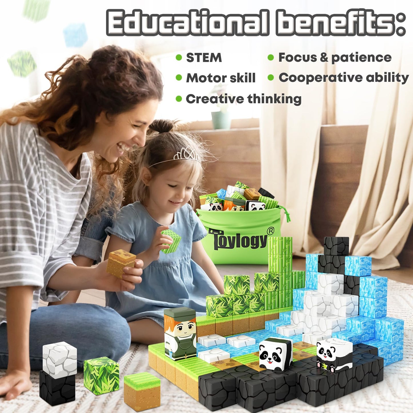 Toylogy Panda Mine World Magnetic Blocks – STEM Building Tiles for Ages 3-8