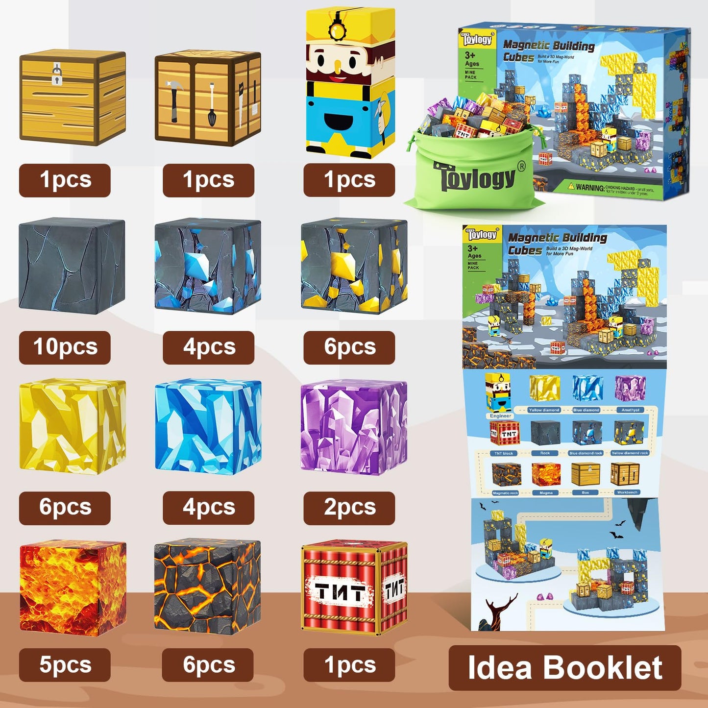 Toylogy Magnetic Blocks Mine World Pickaxe Edition – Open-Ended Magnetic Tiles for Kids 3-8