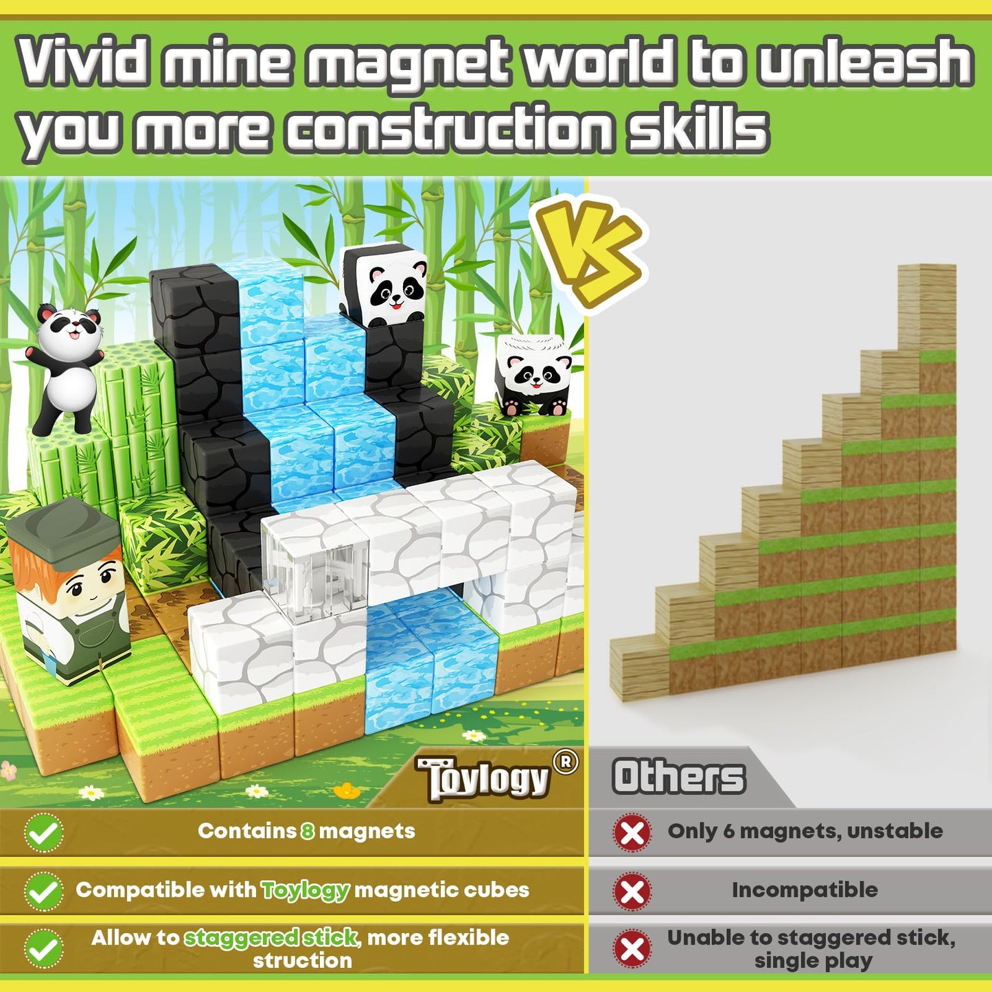 Toylogy Panda Mine World Magnetic Blocks – STEM Building Tiles for Ages 3-8