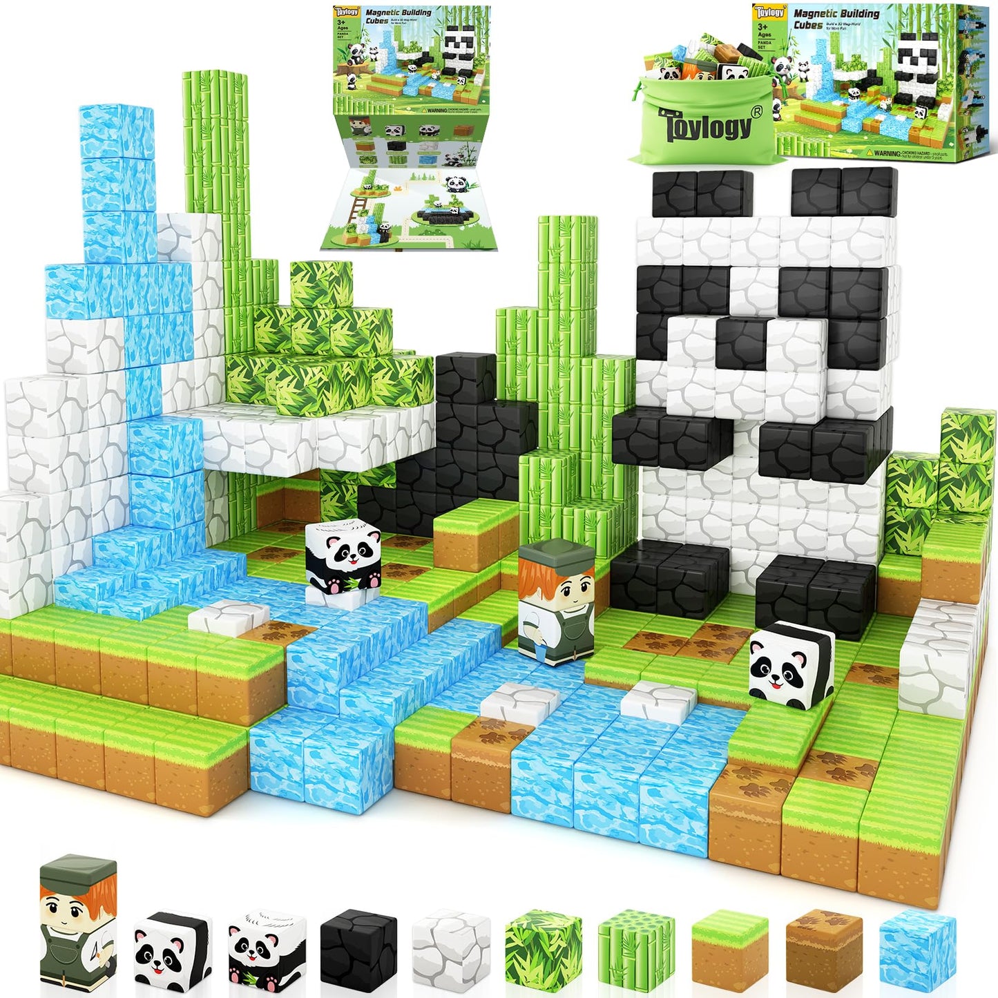 Toylogy Panda Mine World Magnetic Blocks – STEM Building Tiles for Ages 3-8