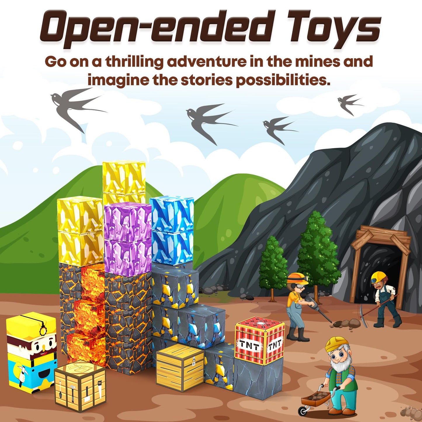 Toylogy Magnetic Blocks Mine World Pickaxe Edition – Open-Ended Magnetic Tiles for Kids 3-8
