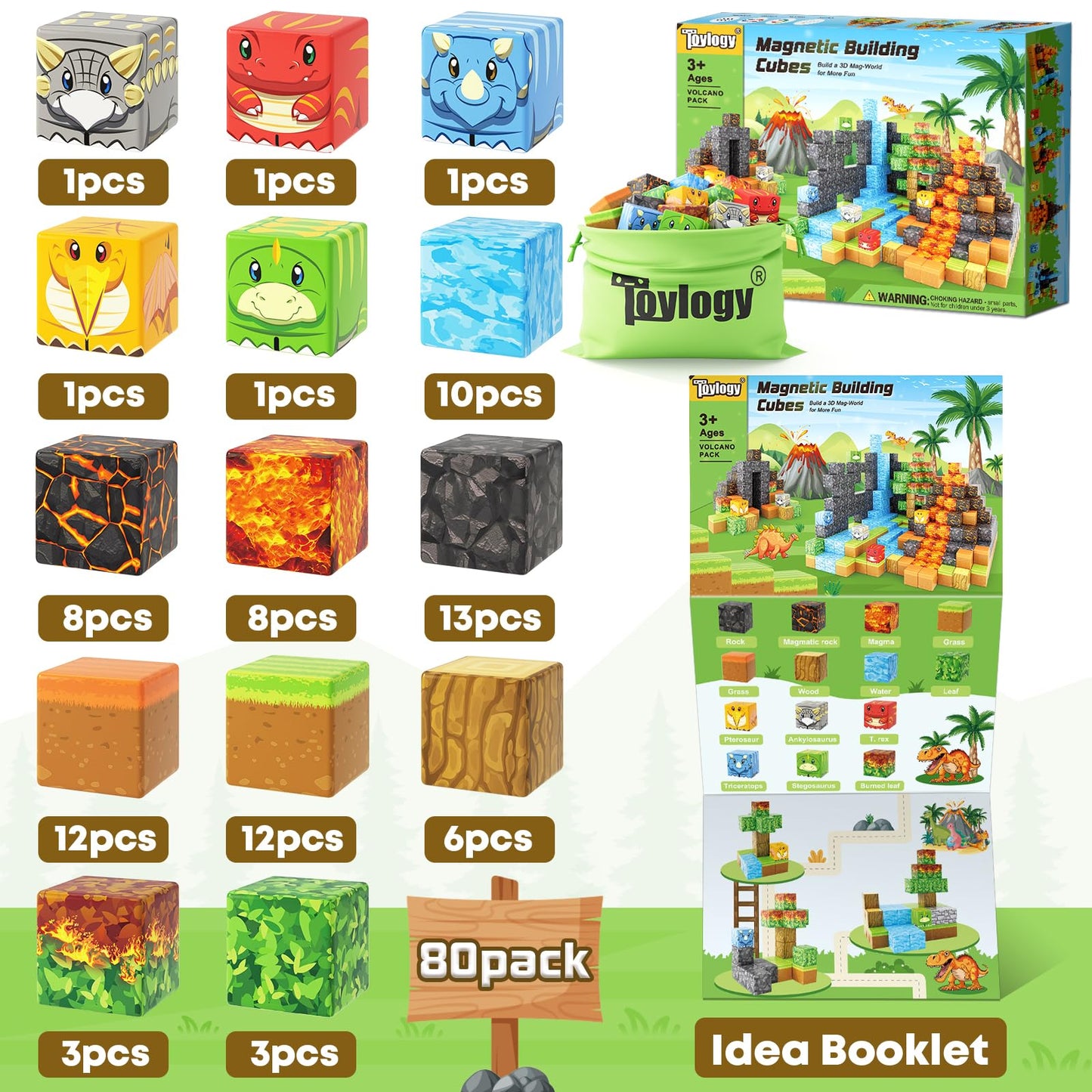 Toylogy Dinosaur Toys: Magnetic Blocks – Mine Magnet World Volcano Edition for 3+