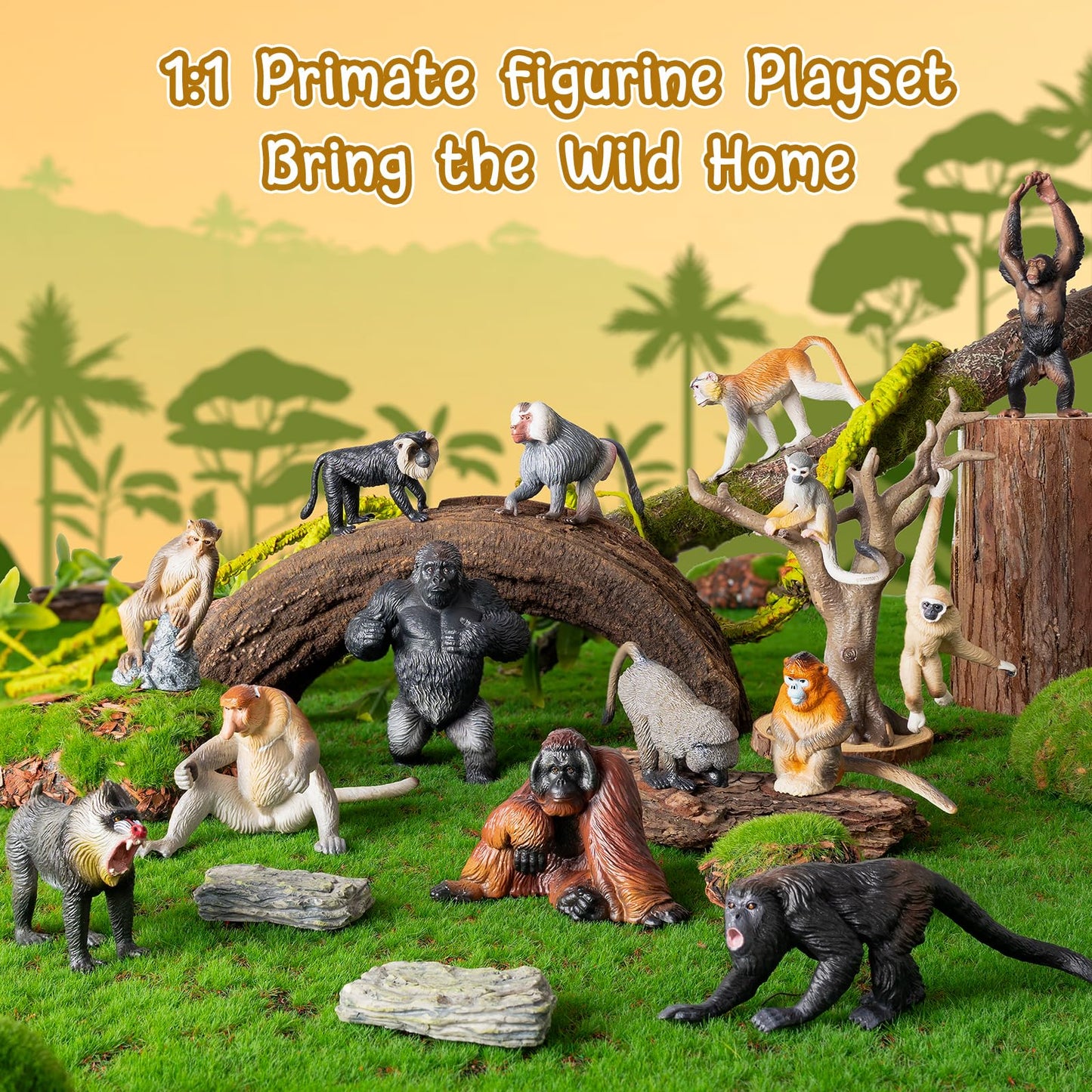 Toymany 15PCS Monkey Primates Figurines – Forest Animals Playset (PVC, Non-Toxic)