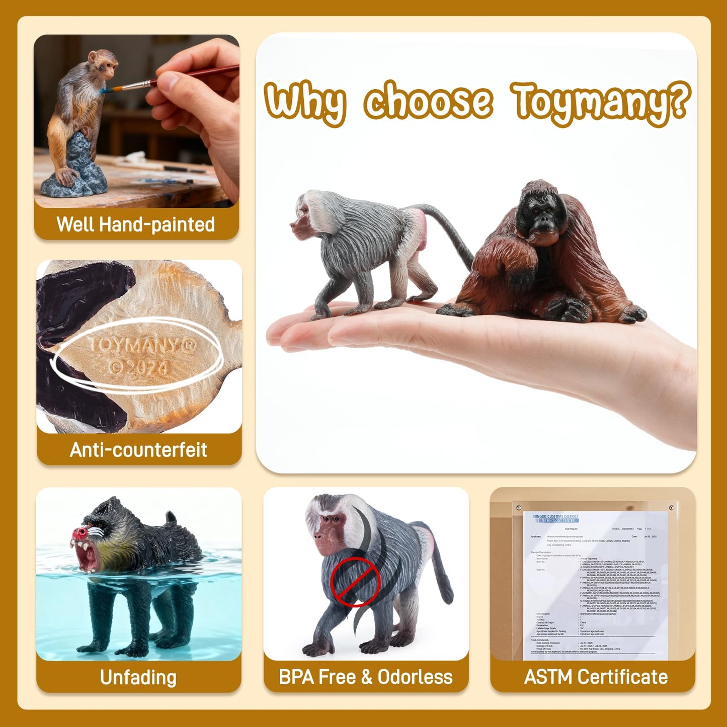 Toymany 15PCS Monkey Primates Figurines – Forest Animals Playset (PVC, Non-Toxic)