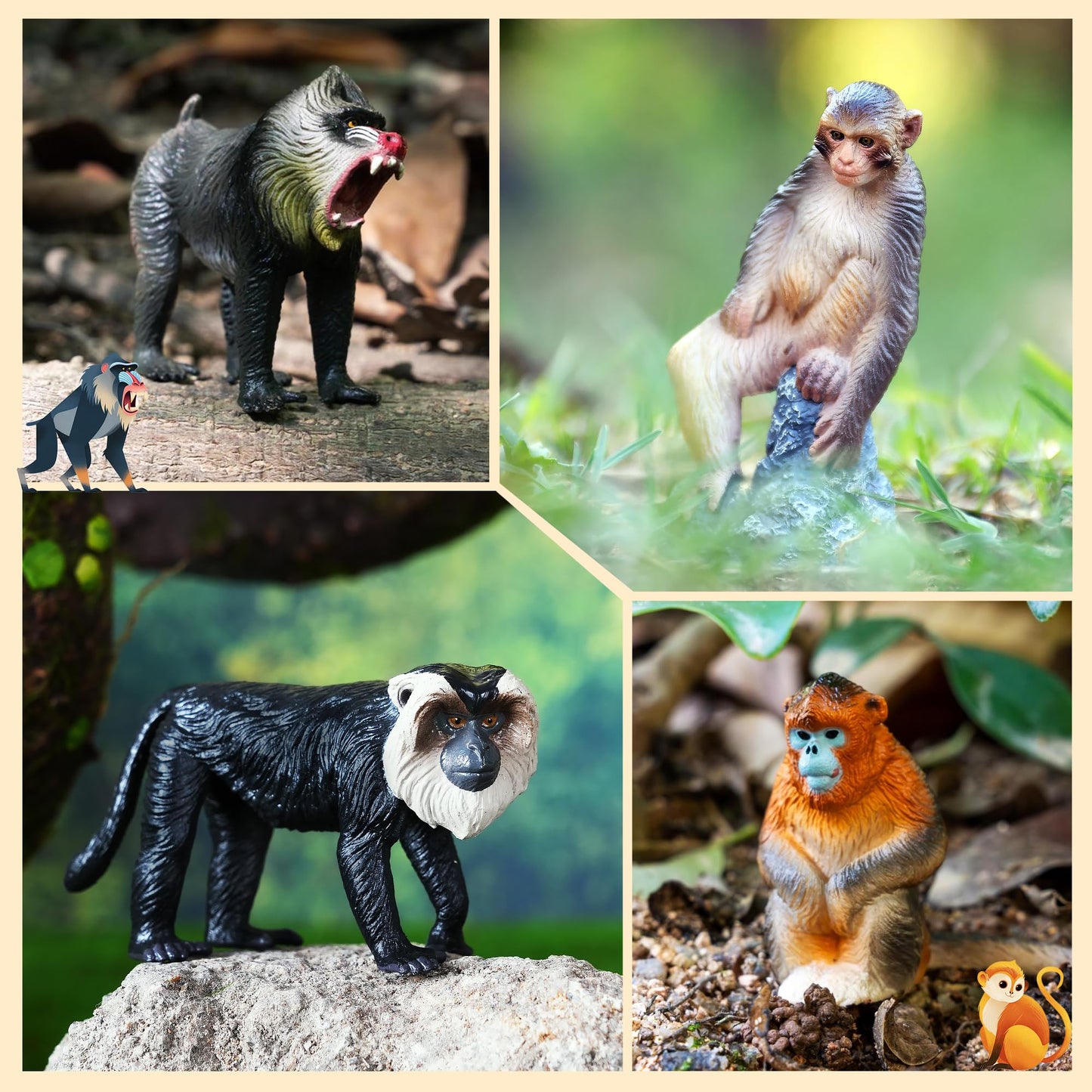Toymany 15PCS Monkey Primates Figurines – Forest Animals Playset (PVC, Non-Toxic)