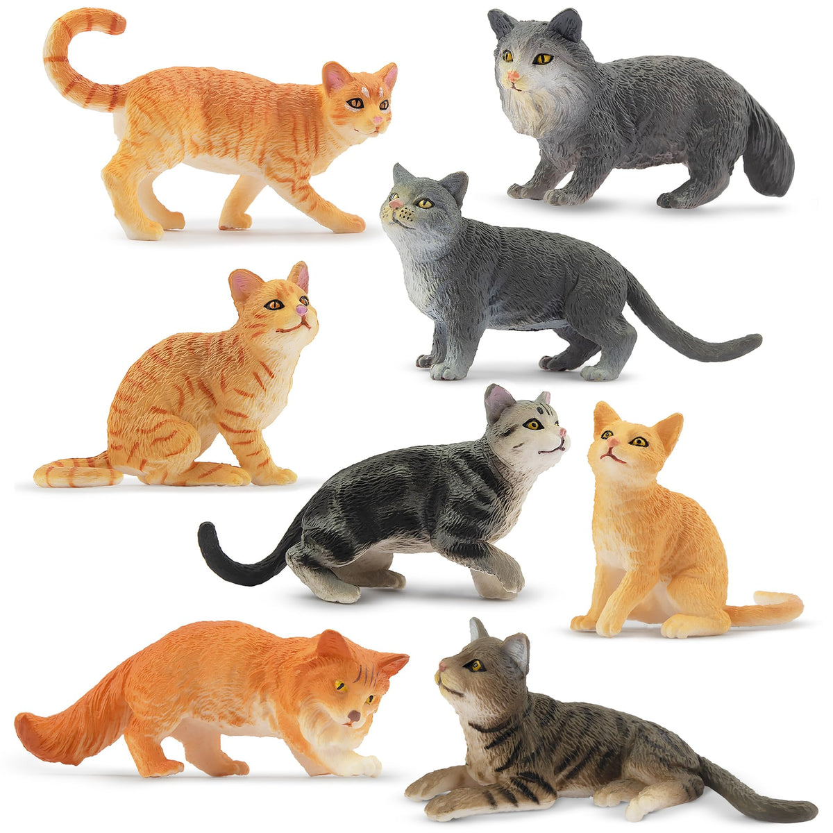 Toymany 8-Piece Grey & Orange Cat Figurines Set | Realistic Kitten Figures