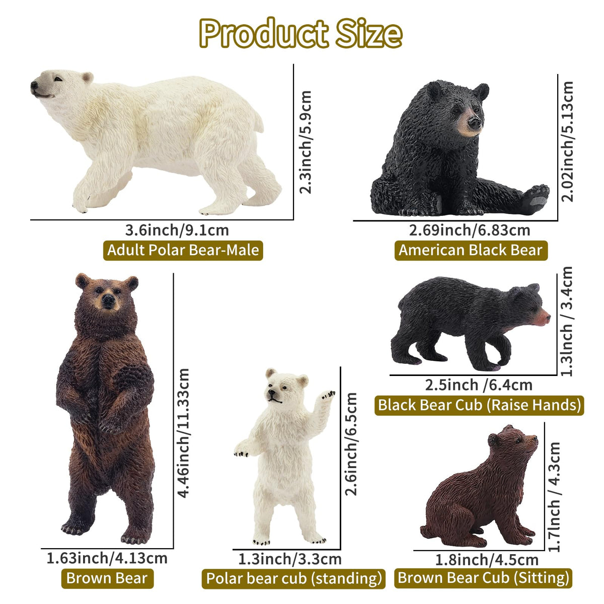 Toymany 6PCS Realistic Bear Figurines Set – Safe Plastic Bears for Kids and Education