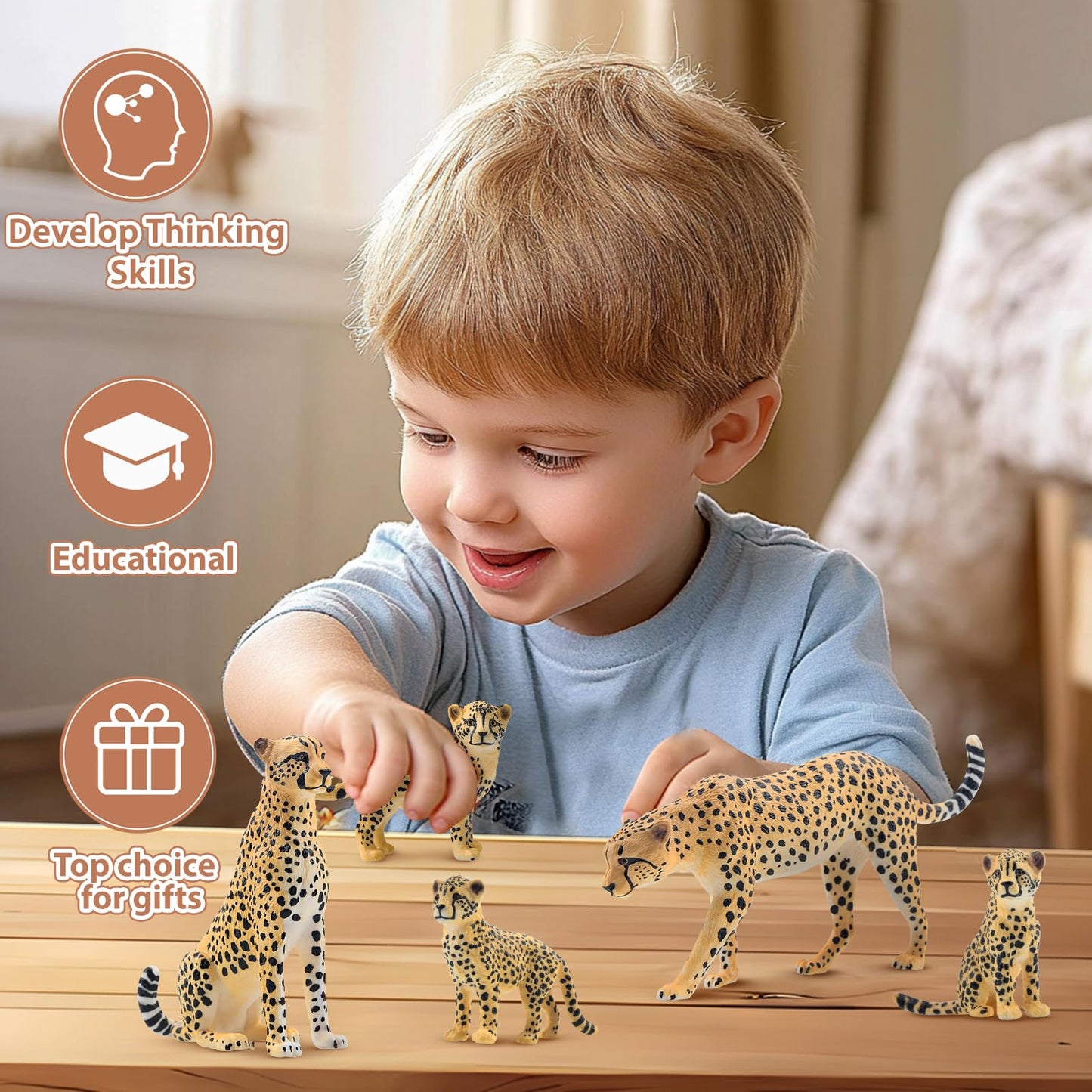 Toymany 8PCS Cheetah Figurines — Realistic Jungle Family Set for Play & Decor