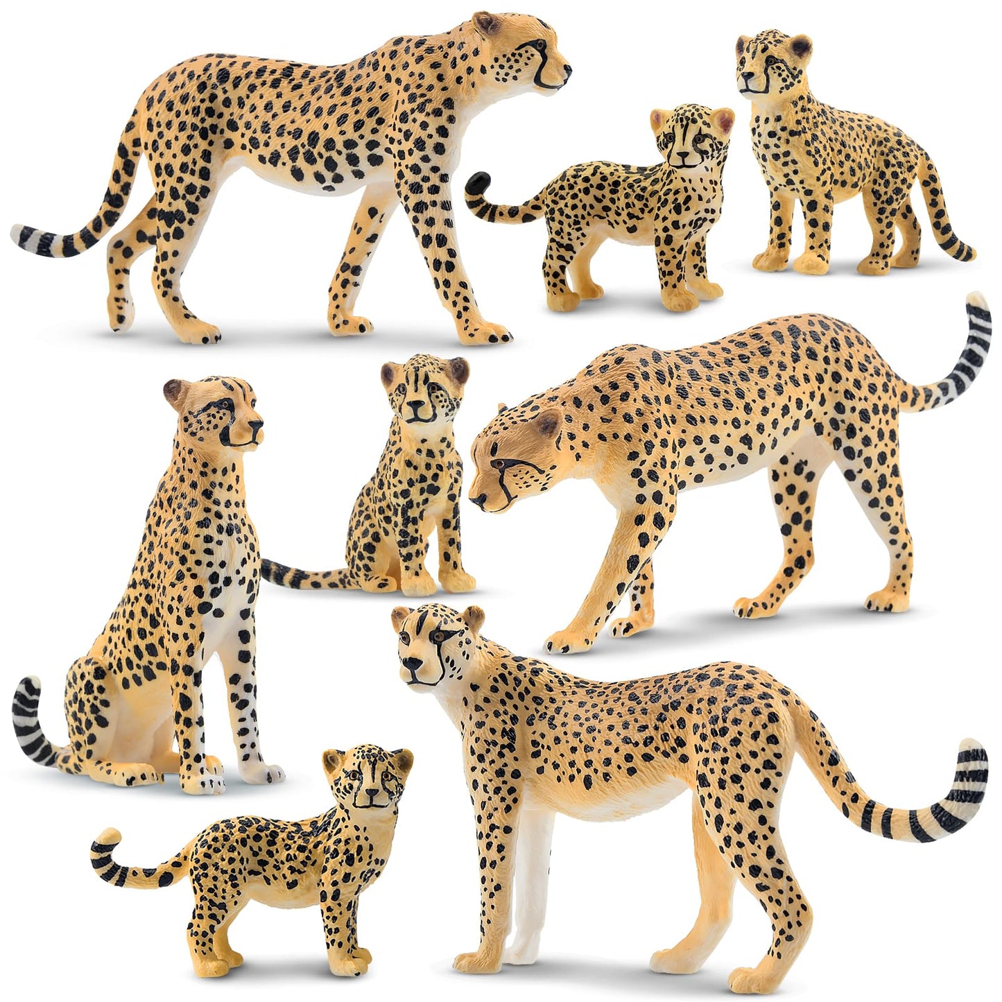 Toymany 8PCS Cheetah Figurines — Realistic Jungle Family Set for Play & Decor