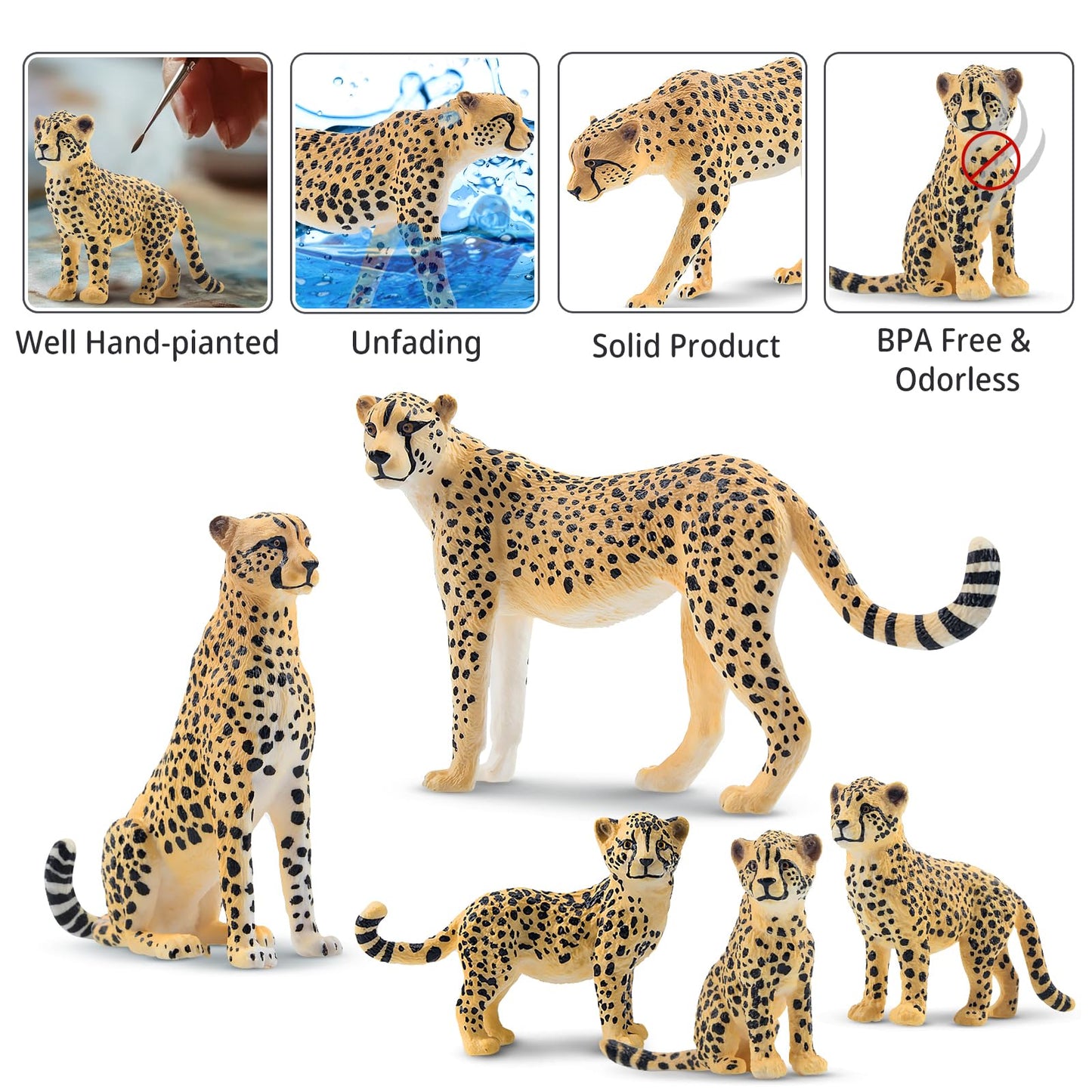Toymany 8PCS Cheetah Figurines — Realistic Jungle Family Set for Play & Decor