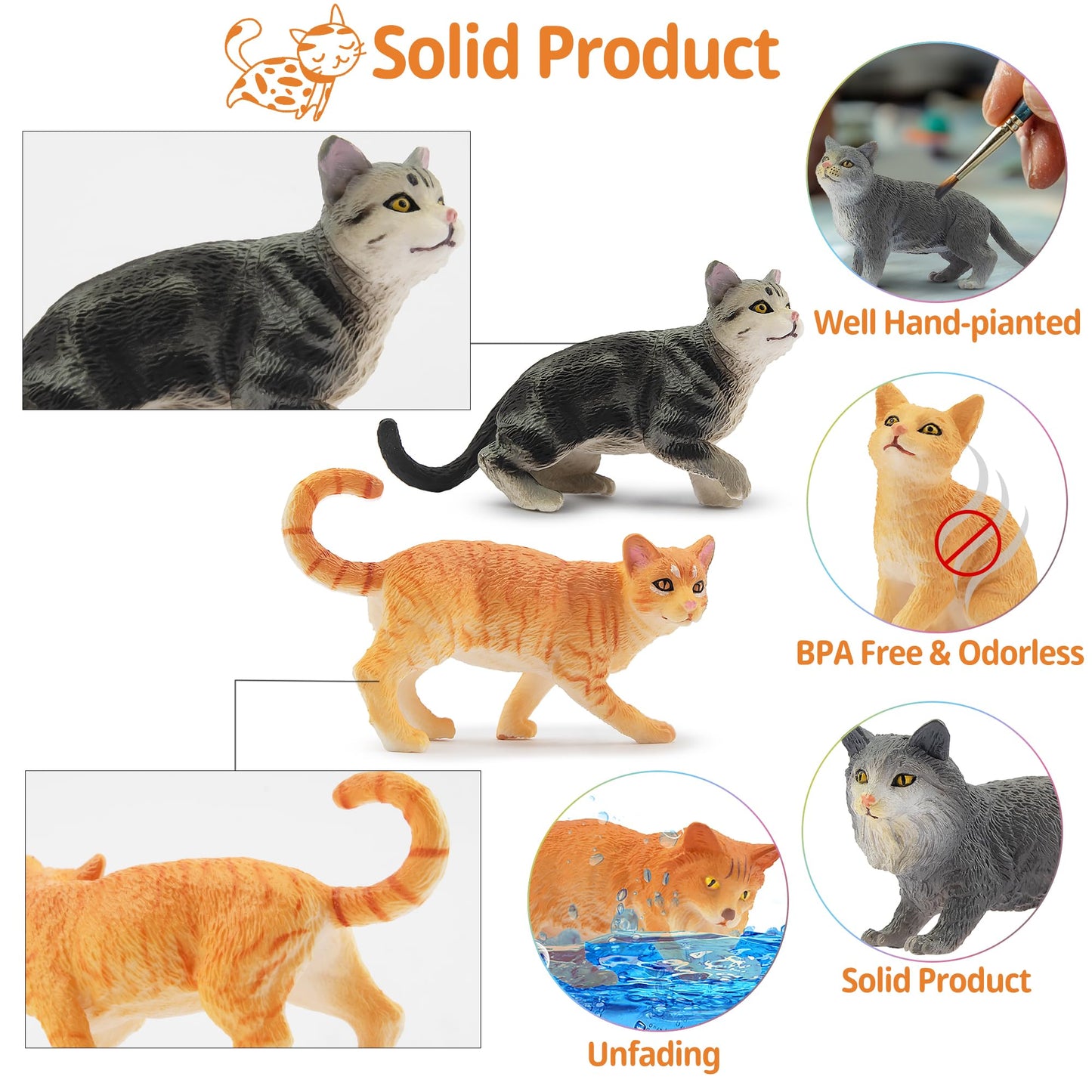 Toymany 8-Piece Grey & Orange Cat Figurines Set | Realistic Kitten Figures
