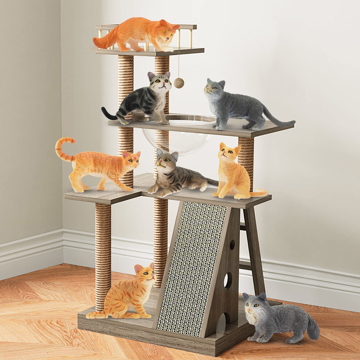 Toymany 8-Piece Grey & Orange Cat Figurines Set | Realistic Kitten Figures