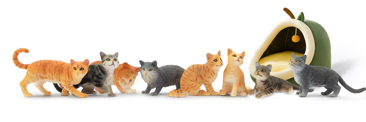 Toymany 8-Piece Grey & Orange Cat Figurines Set | Realistic Kitten Figures