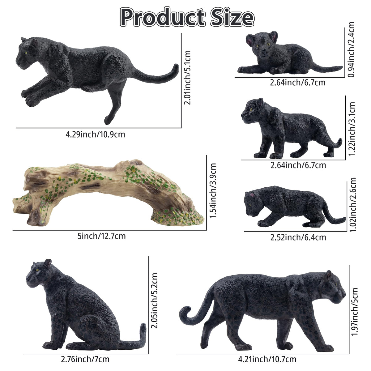 Toymany 7PCS Black Panthers Figurines – Panther Cub & Tree Trunk | Realistic Jungle Animals Playset & Cake Toppers
