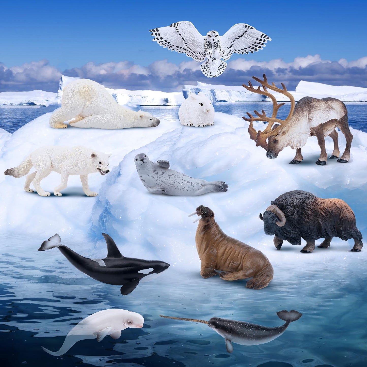 Toymany 12PCS Large Arctic Animal Figurines Set | Polar Bear, Narwhal, Orca & More