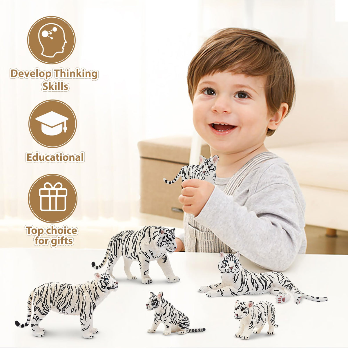 Toymany 6pc White Tigers with Cubs – Realistic Jungle Animal Figurines