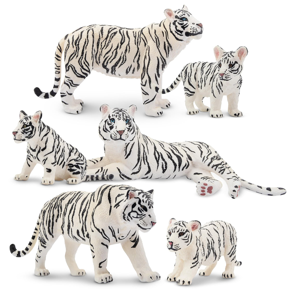 Toymany 6pc White Tigers with Cubs – Realistic Jungle Animal Figurines