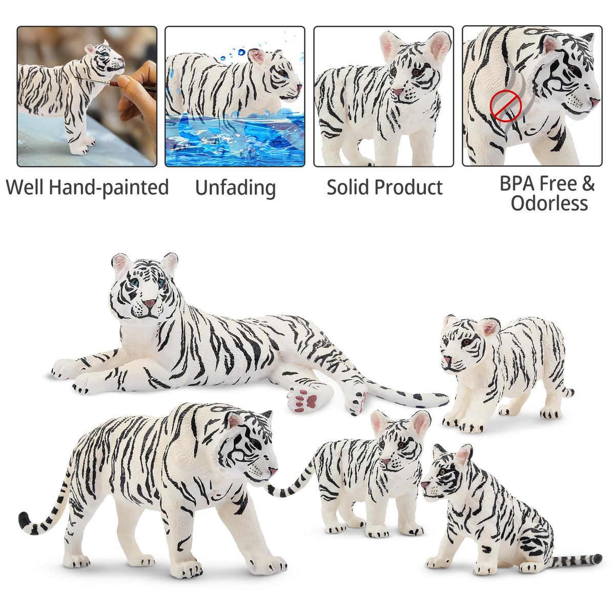 Toymany 6pc White Tigers with Cubs – Realistic Jungle Animal Figurines