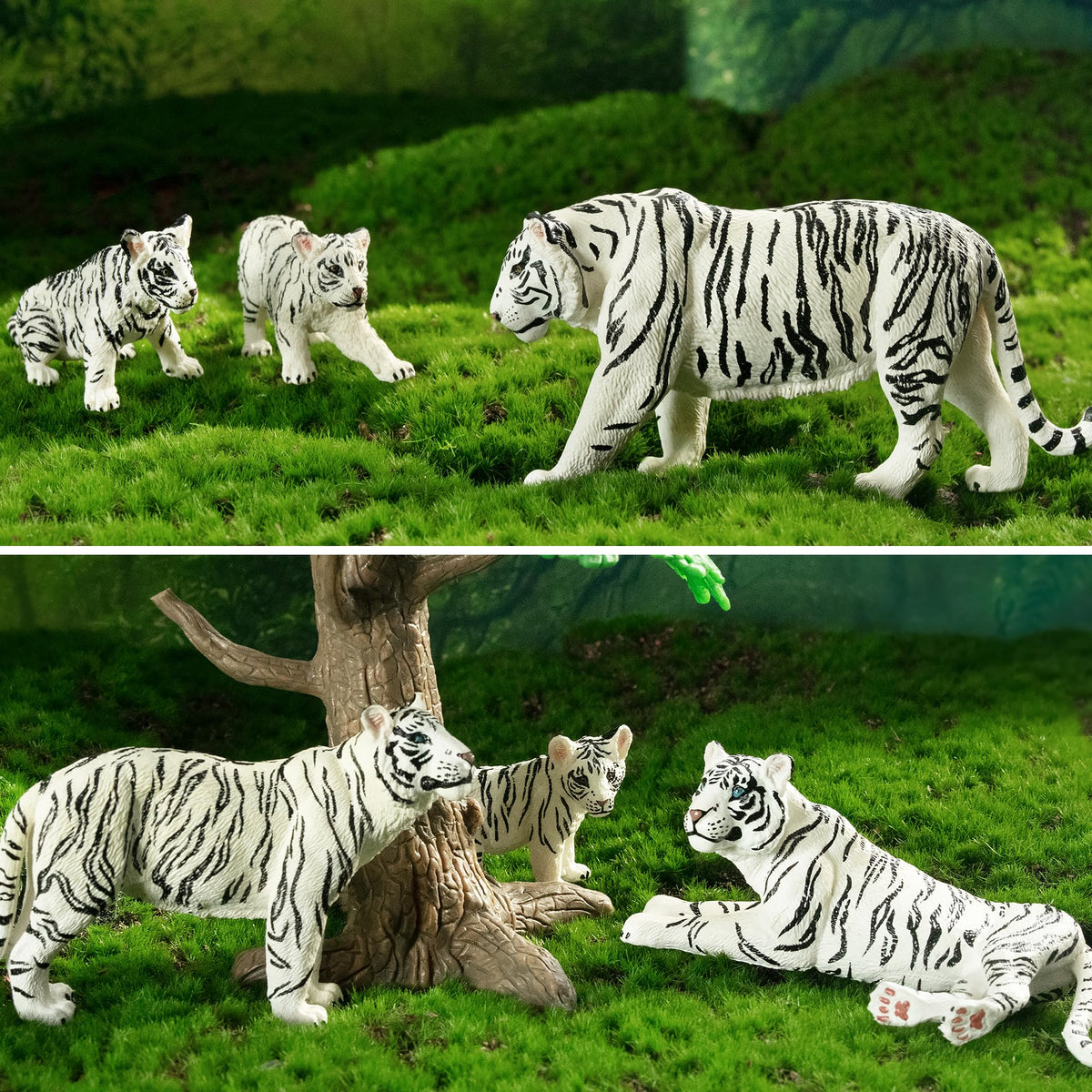 Toymany 6pc White Tigers with Cubs – Realistic Jungle Animal Figurines