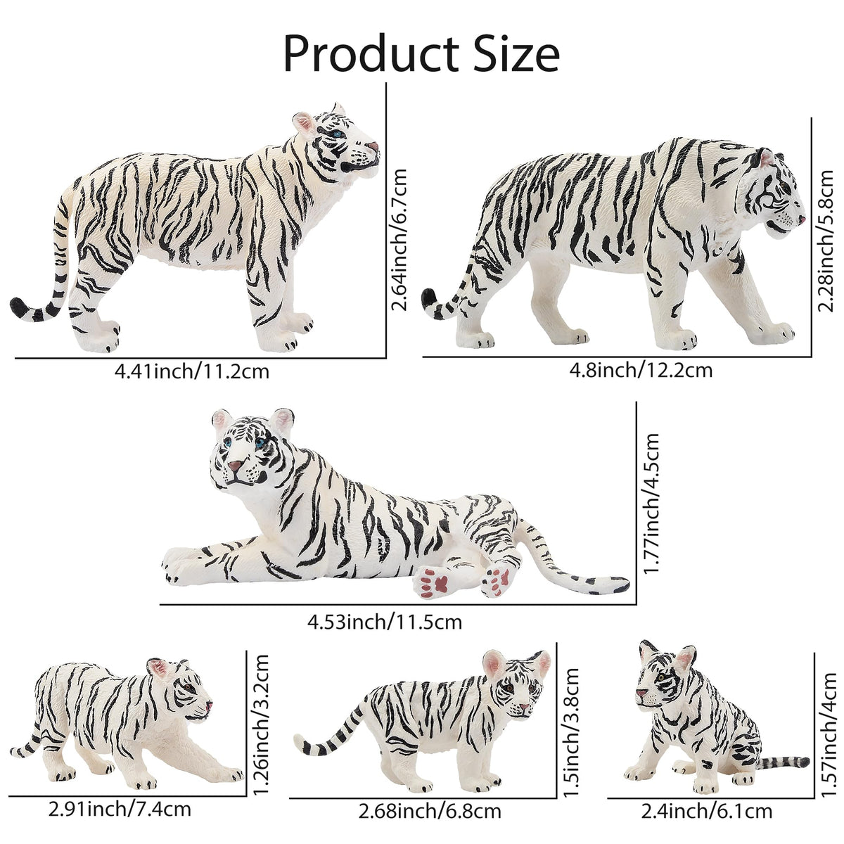 Toymany 6pc White Tigers with Cubs – Realistic Jungle Animal Figurines