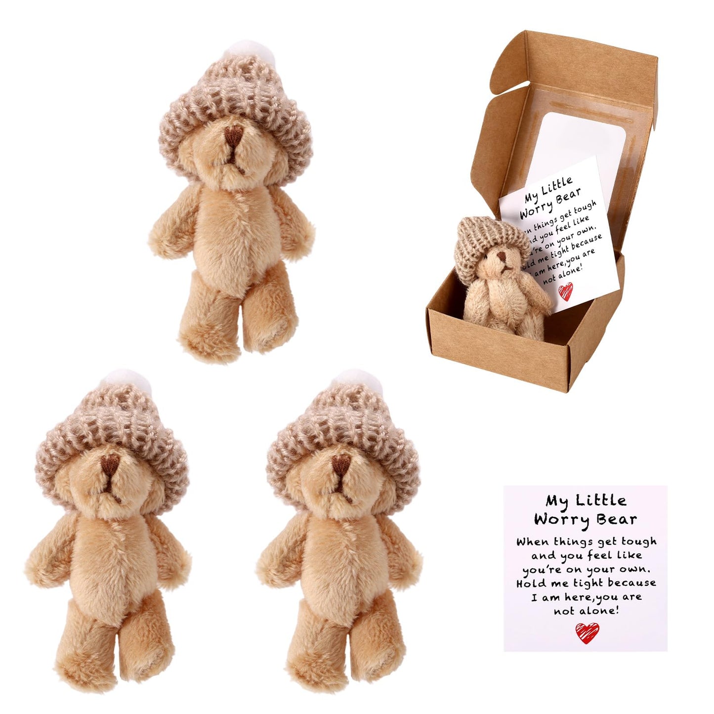 TOYMIS 3 Sets Mini Plush Bears with Inspirational Cards | Pocket Hug Gift Boxes